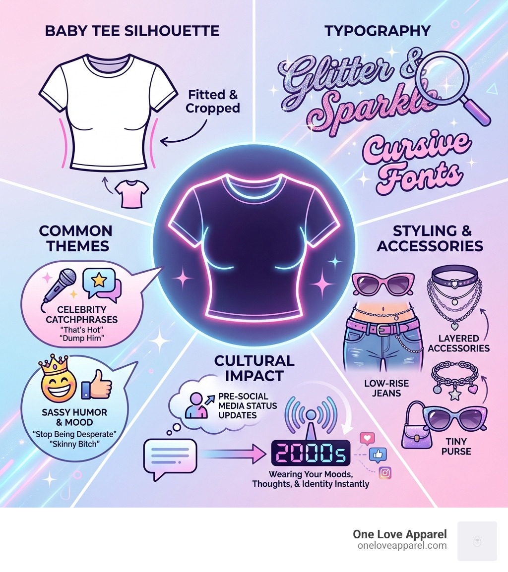 Infographic showing the anatomy of 2000s slogan tees: baby tee silhouette with fitted cut and cropped length, typography featuring glittery and cursive fonts, common themes including celebrity catchphrases and sassy humor, styling with low-rise jeans and layered accessories, and cultural impact as pre-social media status updates - 2000s slogan tees infographic 