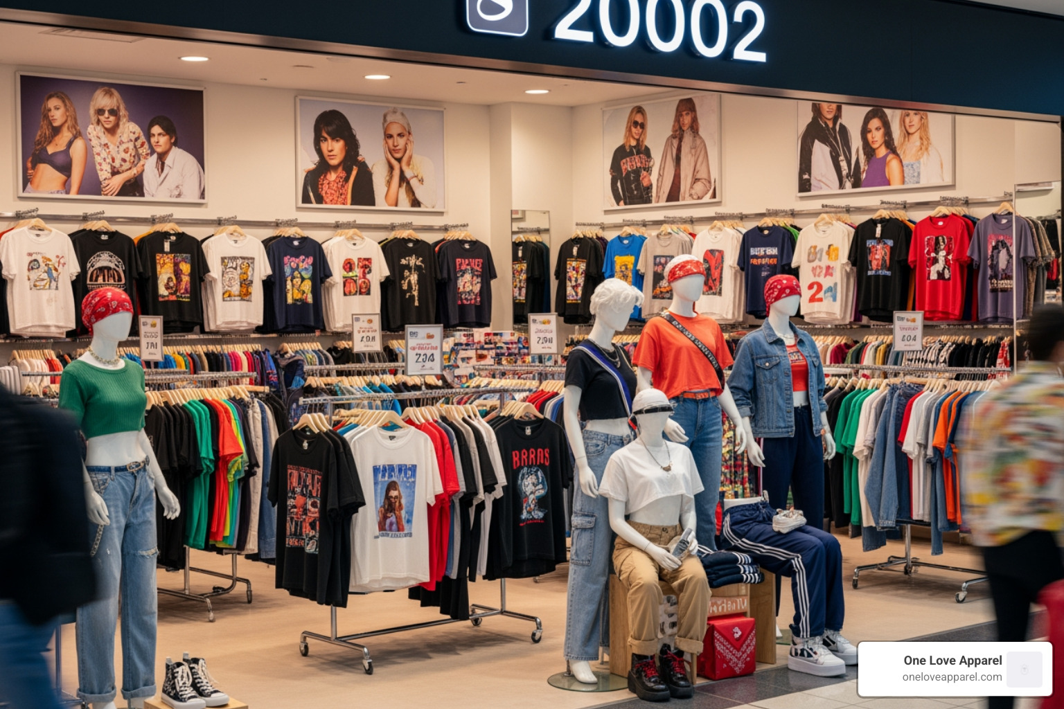 Classic 2000s mall store display featuring various slogan tees - 2000s slogan tees