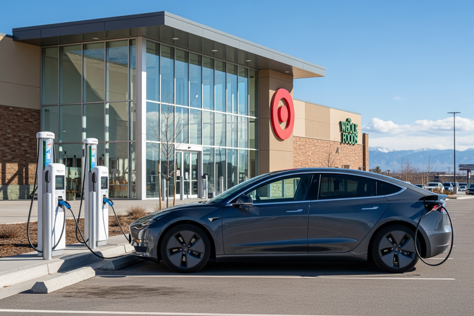 EV driver plugging into charger at a retail location in Denver - commercial ev charger installation EV driver plugging into charger at a retail location in Denver - commercial ev charger installation