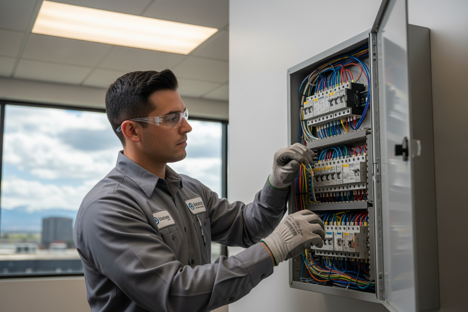 electrician assessing an electrical panel at a commercial site in Denver - commercial ev charger installation electrician assessing an electrical panel at a commercial site in Denver - commercial ev charger installation