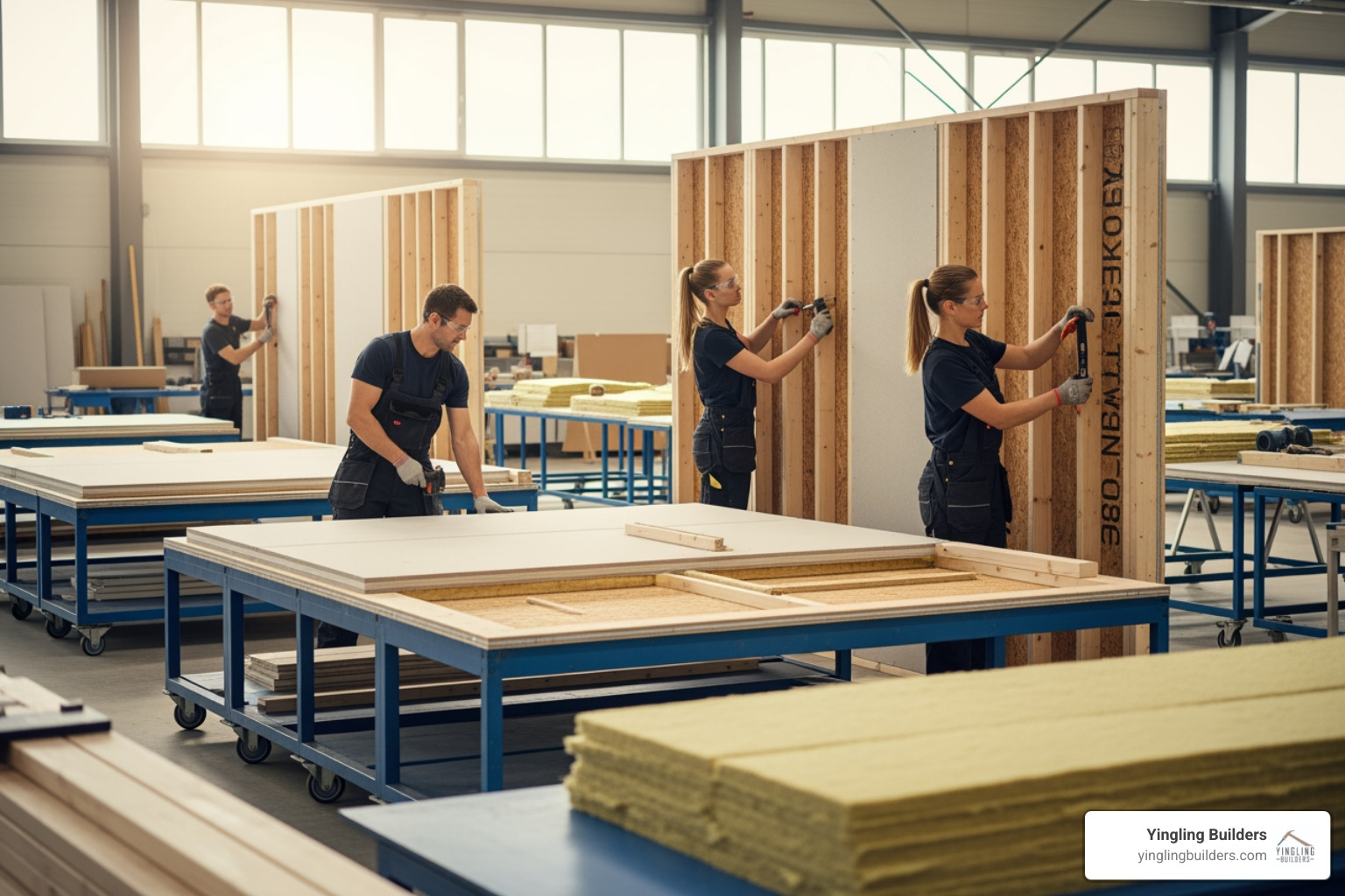 wall panels being constructed in a clean, indoor factory setting - modular home building process