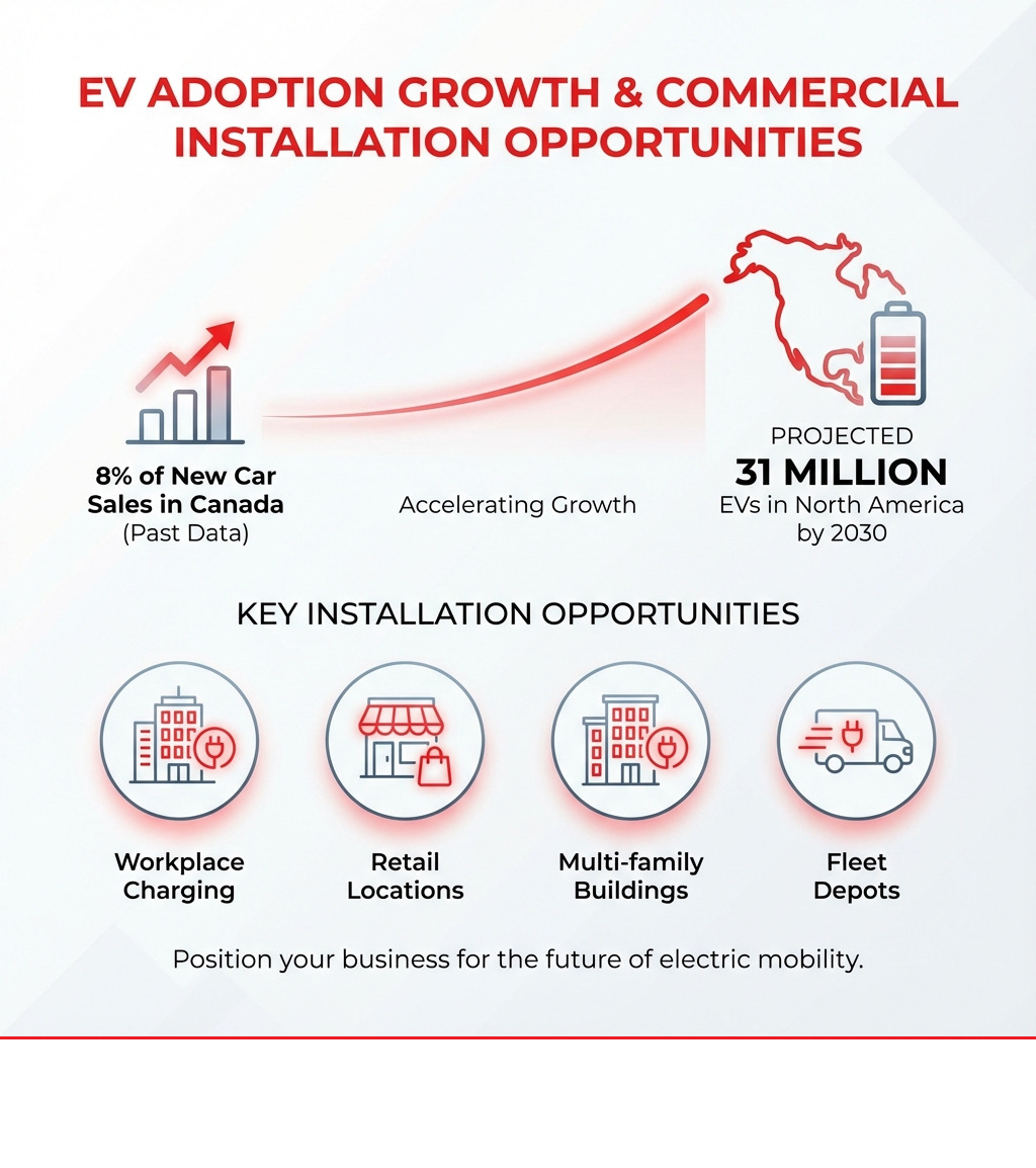 infographic showing EV adoption growth from 8% of new car sales in Canada to projected 31 million EVs in North America by 2030, with icons representing workplace charging, retail locations, multi-family buildings, and fleet depots as key installation opportunities - commercial ev charger installation infographic infographic showing EV adoption growth from 8% of new car sales in Canada to projected 31 million EVs in North America by 2030, with icons representing workplace charging, retail locations, multi-family buildings, and fleet depots as key installation opportunities - commercial ev charger installation infographic