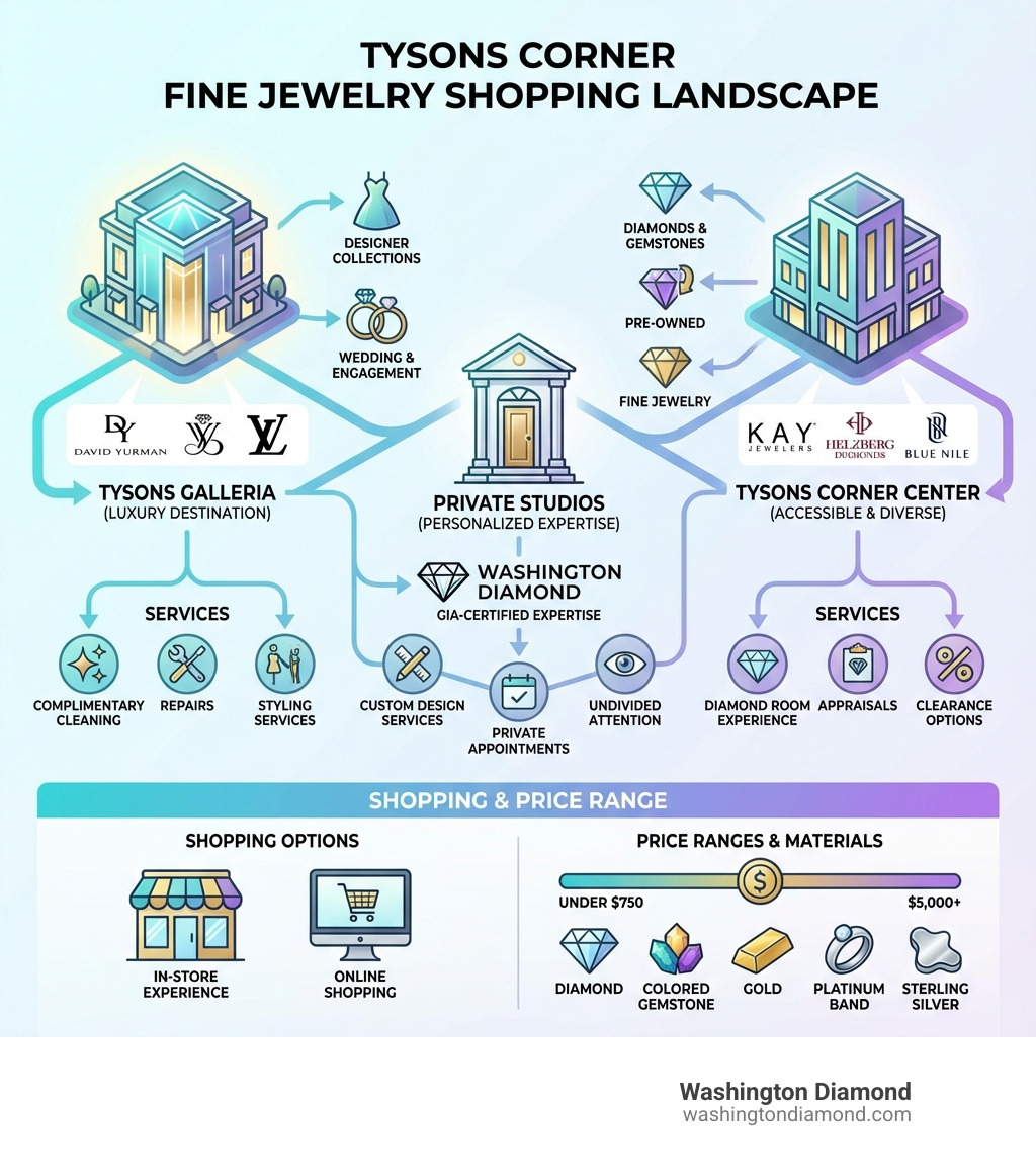 Infographic showing the Tysons Corner fine jewelry shopping landscape: two main shopping centers (Tysons Galleria and Tysons Corner Center) featuring luxury brands and accessible retailers, plus private studio options like Washington Diamond offering GIA-certified expertise, custom design services, and private appointments. Services available include engagement ring consultations, custom design, jewelry repairs, complimentary cleaning, appraisals, and both in-store and online shopping options. Price ranges from under $750 to $5,000+ with materials including diamonds, gemstones, gold, platinum, and sterling silver. - Fine Jewelry Tysons Corner, VA infographic 