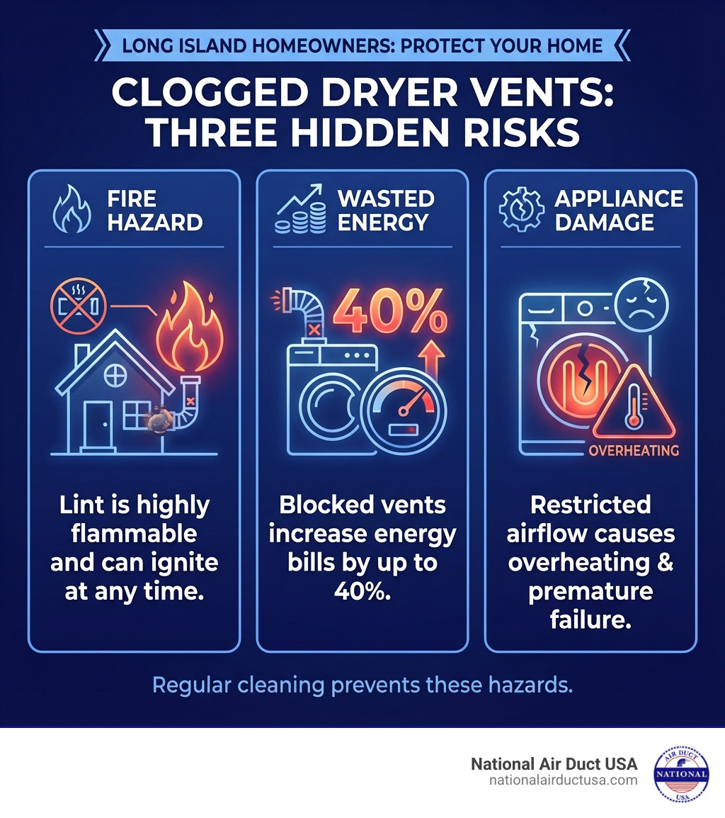 Infographic showing three main risks of clogged dryer vents: 1. Fire Hazard - lint is highly flammable and can ignite at any time, 2. Wasted Energy - blocked vents make dryers work harder, increasing energy bills by up to 40%, 3. Appliance Damage - restricted airflow causes overheating and premature dryer failure - Dryer duct cleaning Long Island infographic Infographic showing three main risks of clogged dryer vents: 1. Fire Hazard - lint is highly flammable and can ignite at any time, 2. Wasted Energy - blocked vents make dryers work harder, increasing energy bills by up to 40%, 3. Appliance Damage - restricted airflow causes overheating and premature dryer failure - Dryer duct cleaning Long Island infographic