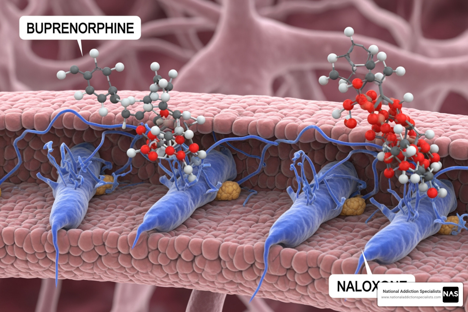 diagram showing how buprenorphine and naloxone work on opioid receptors in the brain - suboxone solutions diagram showing how buprenorphine and naloxone work on opioid receptors in the brain - suboxone solutions