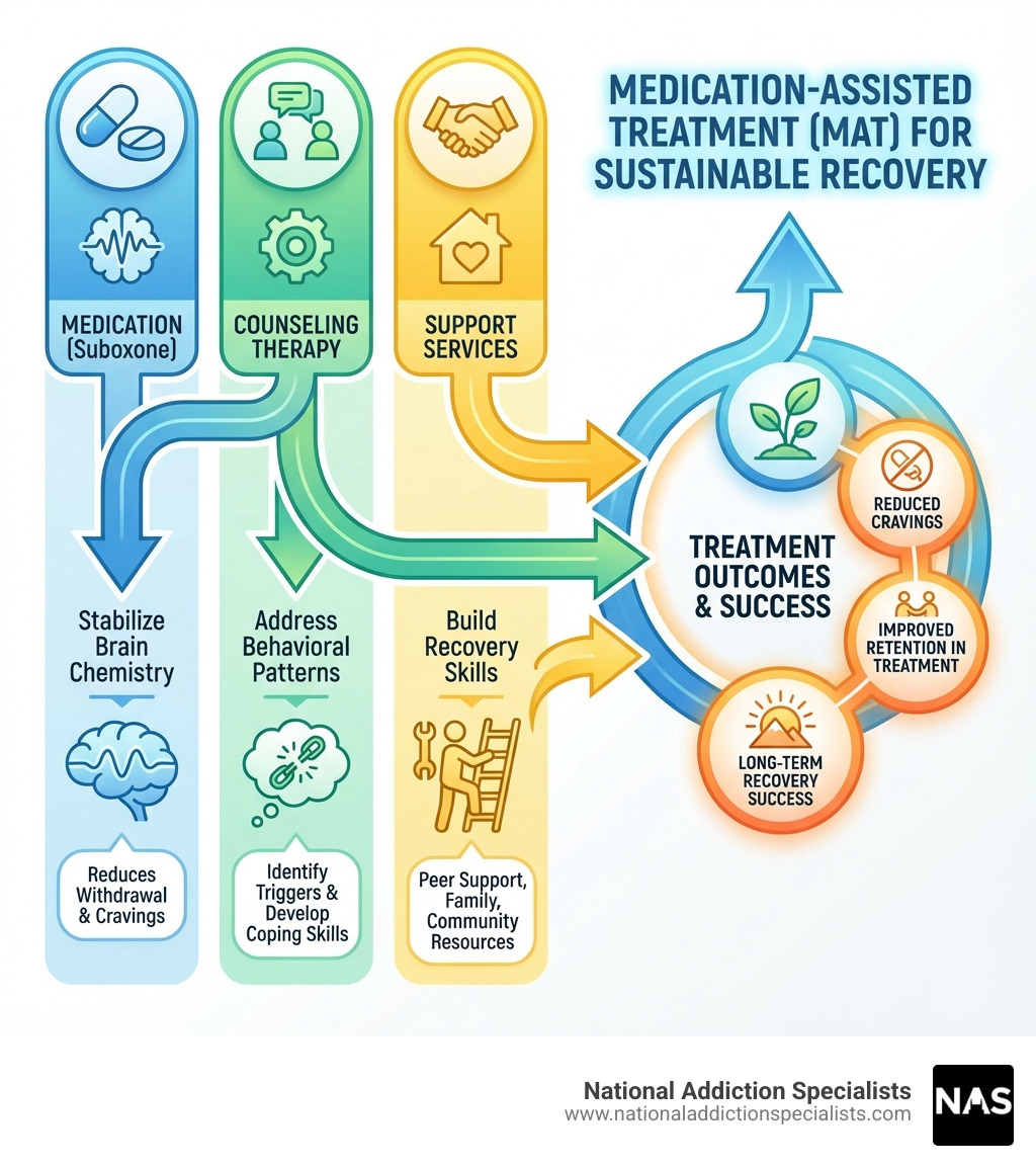 infographic showing how Medication-Assisted Treatment combines Suboxone medication to stabilize brain chemistry, counseling therapy to address behavioral patterns, and support services to build recovery skills, resulting in reduced cravings, improved retention in treatment, and long-term recovery success - suboxone solutions infographic infographic showing how Medication-Assisted Treatment combines Suboxone medication to stabilize brain chemistry, counseling therapy to address behavioral patterns, and support services to build recovery skills, resulting in reduced cravings, improved retention in treatment, and long-term recovery success - suboxone solutions infographic
