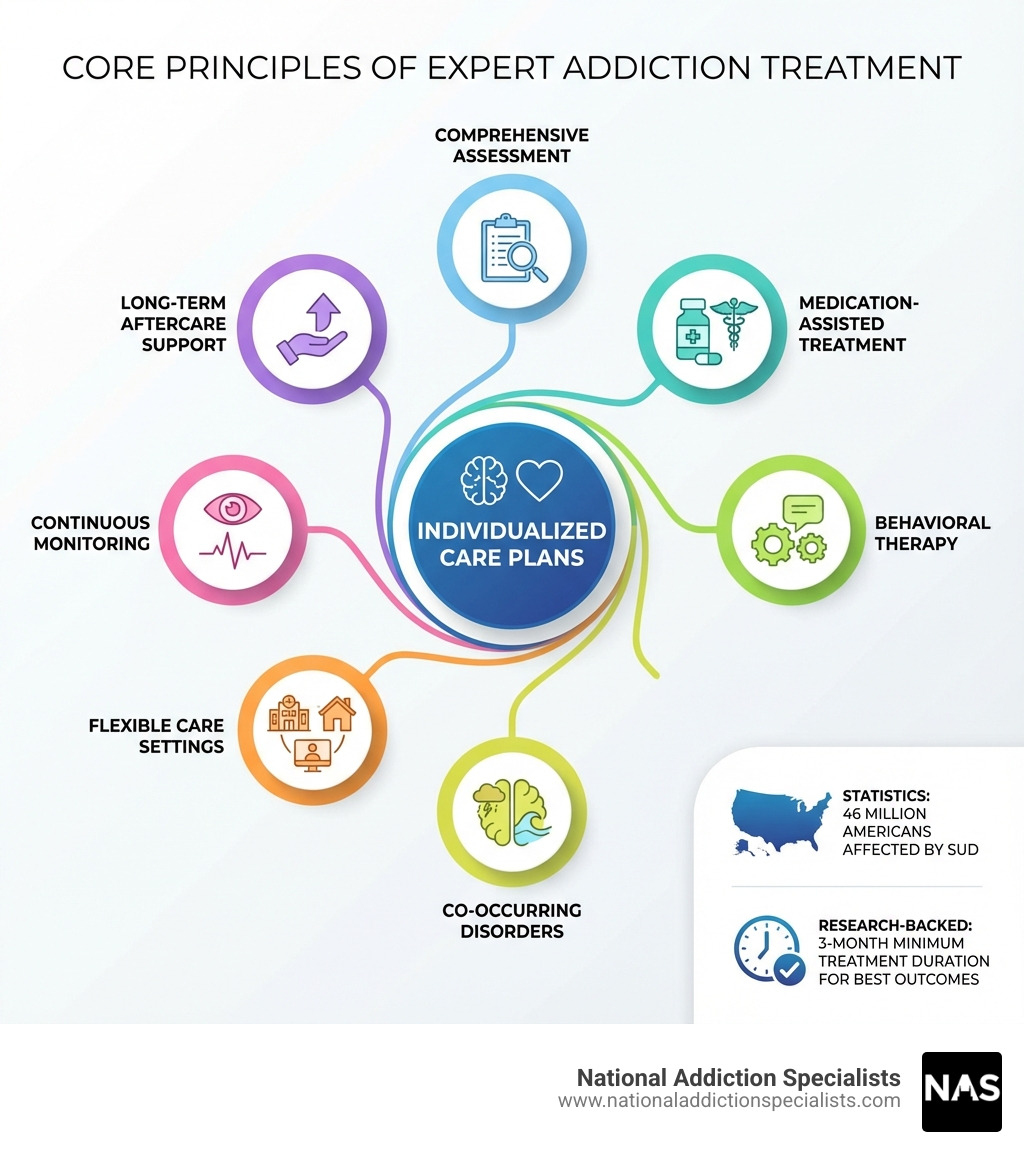 Infographic showing the core principles of expert addiction treatment: individualized care plans at the center, surrounded by key components including comprehensive assessment, medication-assisted treatment, behavioral therapy, treatment of co-occurring disorders, flexible care settings, continuous monitoring, and long-term aftercare support, with statistics showing 46 million Americans affected by SUD and research-backed 3-month minimum treatment duration - expert addiction treatment infographic 