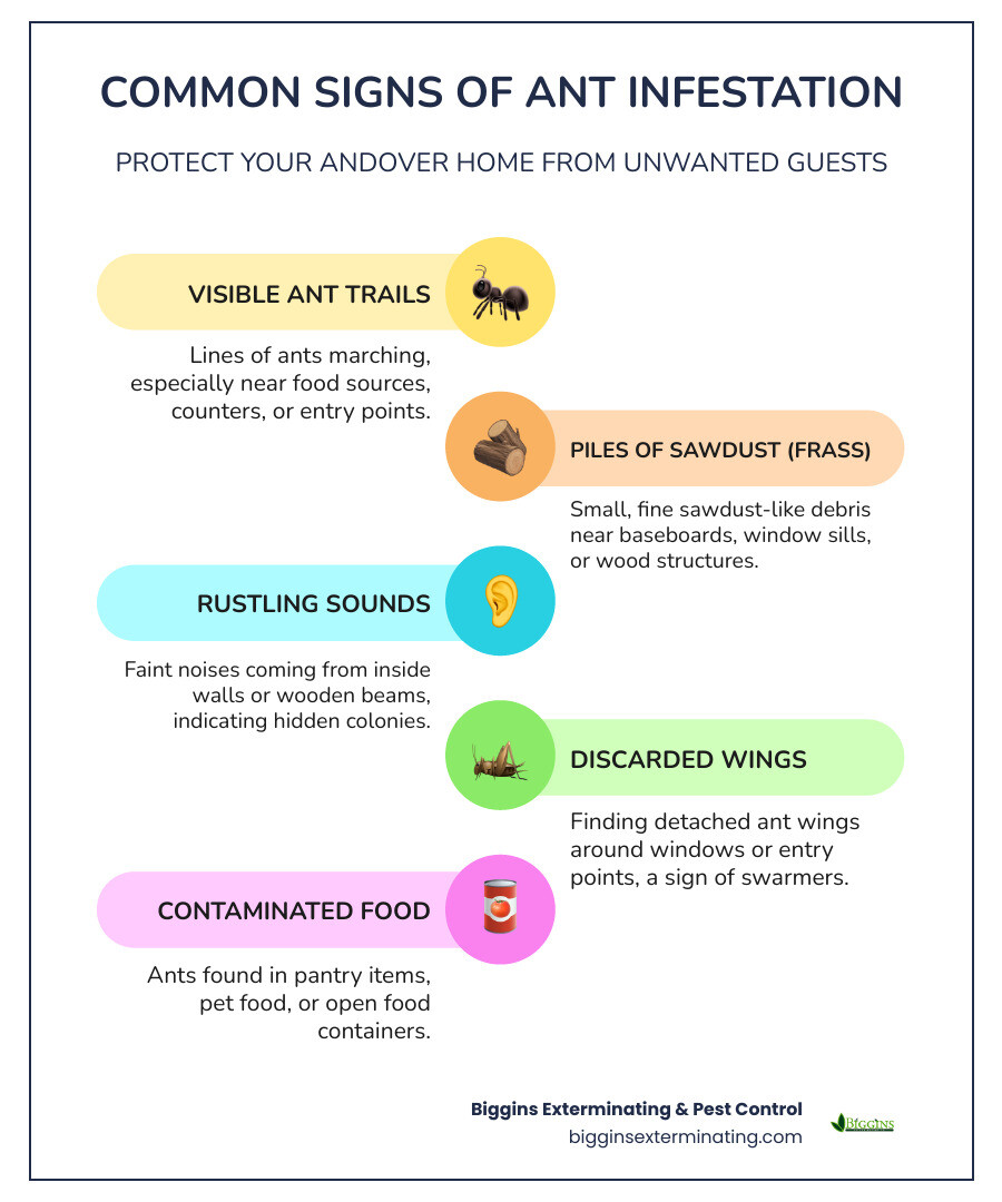 Infographic showing key signs of ant infestation: visible ant trails near food sources, small piles of sawdust near baseboards or window sills, rustling sounds in walls or ceilings, discarded wings near entry points, and contaminated food packages - ant exterminator in Andover MA infographic infographic-line-5-steps-colors