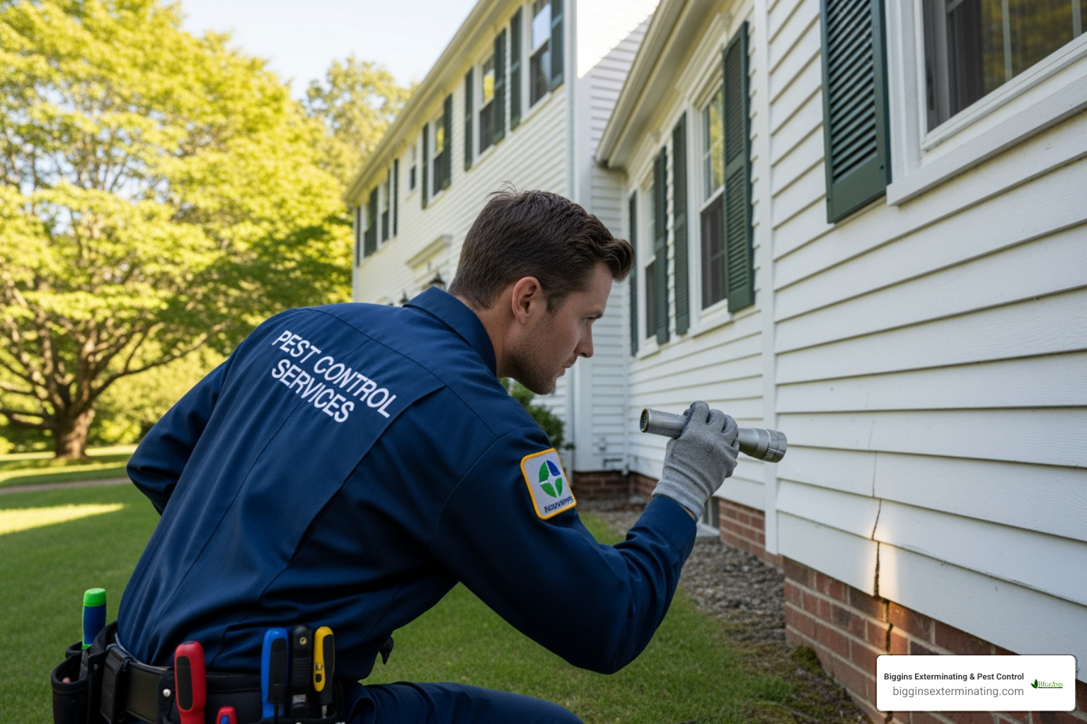 licensed pest control technician inspecting the exterior of a home in Andover - ant exterminator Andover MA
