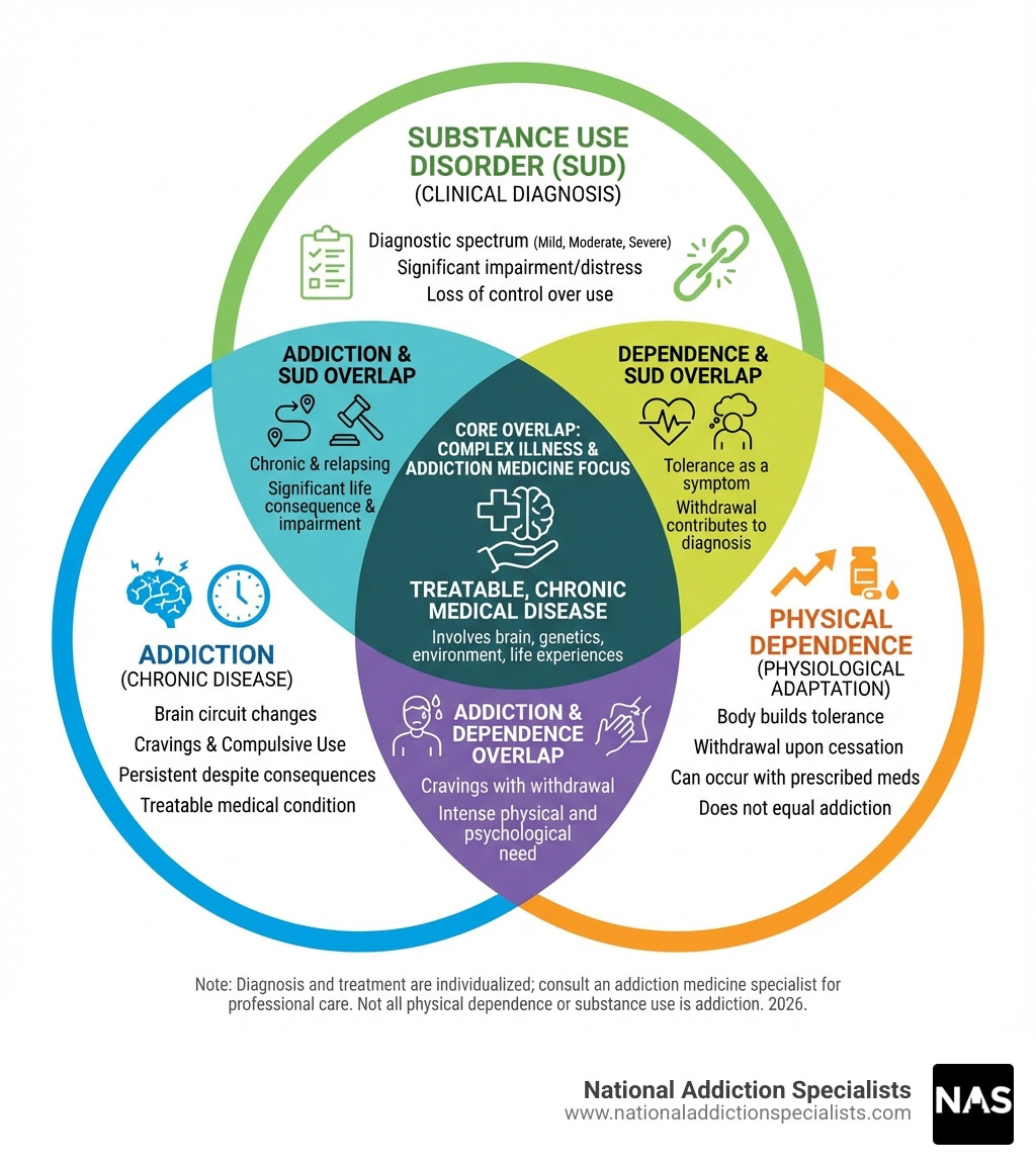Infographic showing the difference between addiction, physical dependence, and substance use disorder, with key characteristics of each and how they overlap - addiction medicine infographic Infographic showing the difference between addiction, physical dependence, and substance use disorder, with key characteristics of each and how they overlap - addiction medicine infographic