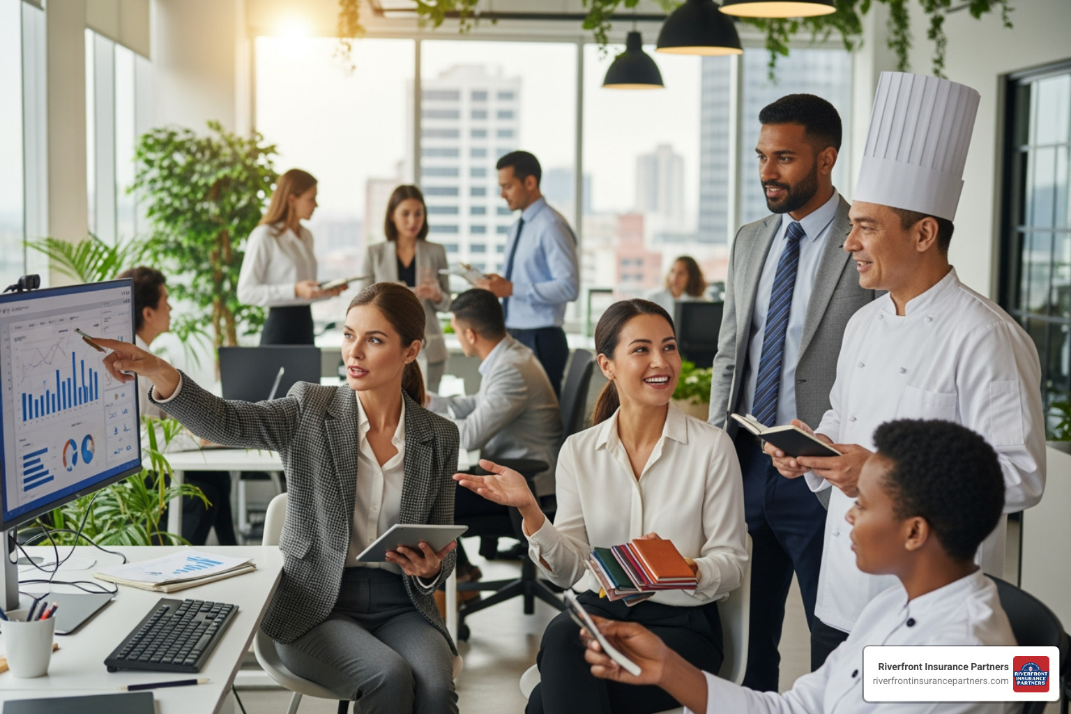 Diverse group of professionals (e.g., a consultant, a retail owner, a chef) - ky business insurance