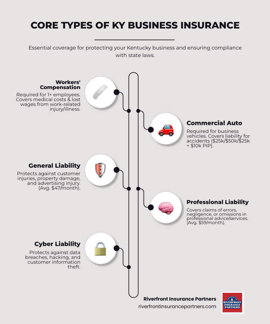 Infographic showing the core types of Kentucky business insurance: Workers' Compensation (required for 1+ employees, covers medical costs and lost wages), Commercial Auto (required for business vehicles, $25k/$50k/$25k limits), General Liability (protects against customer injuries and property damage), Business Owner's Policy (bundles property and liability coverage), Professional Liability (covers errors and negligence claims), and Cyber Liability (protects against data breaches). Each type includes average monthly costs and key risks covered. - ky business insurance infographic infographic-line-5-steps-elegant_beige