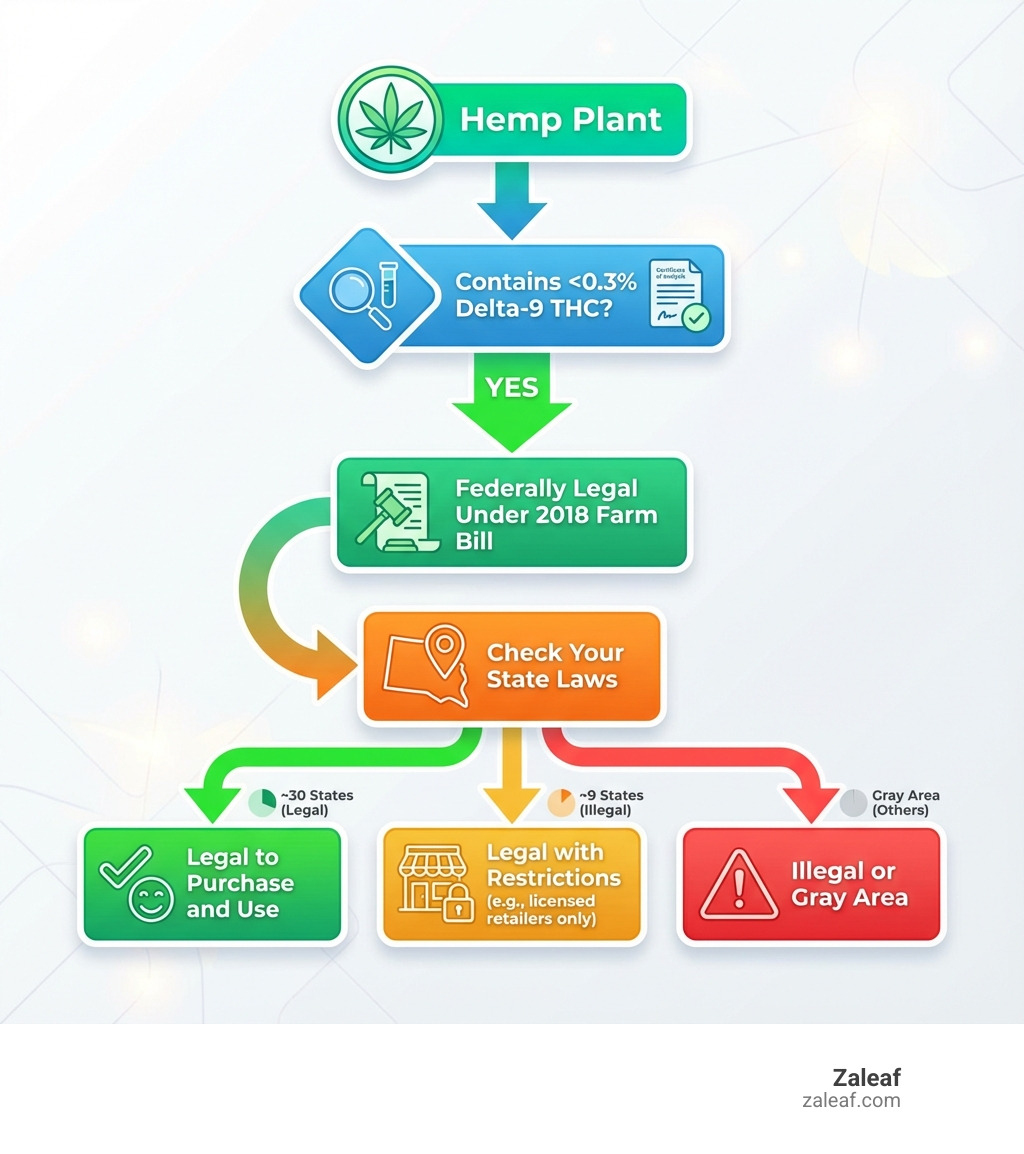 Infographic showing the legal framework for HHC vapes: a flowchart starting with "Hemp Plant" leading to "Contains <0.3% Delta-9 THC?" with YES path showing "Federally Legal Under 2018 Farm Bill" then "Check Your State Laws" branching to three outcomes: "Legal to Purchase and Use," "Legal with Restrictions (e.g., licensed retailers only)," and "Illegal or Gray Area." Includes icons for hemp leaf, certificate of analysis, state map, and warning symbol. - legal HHC vape infographic 