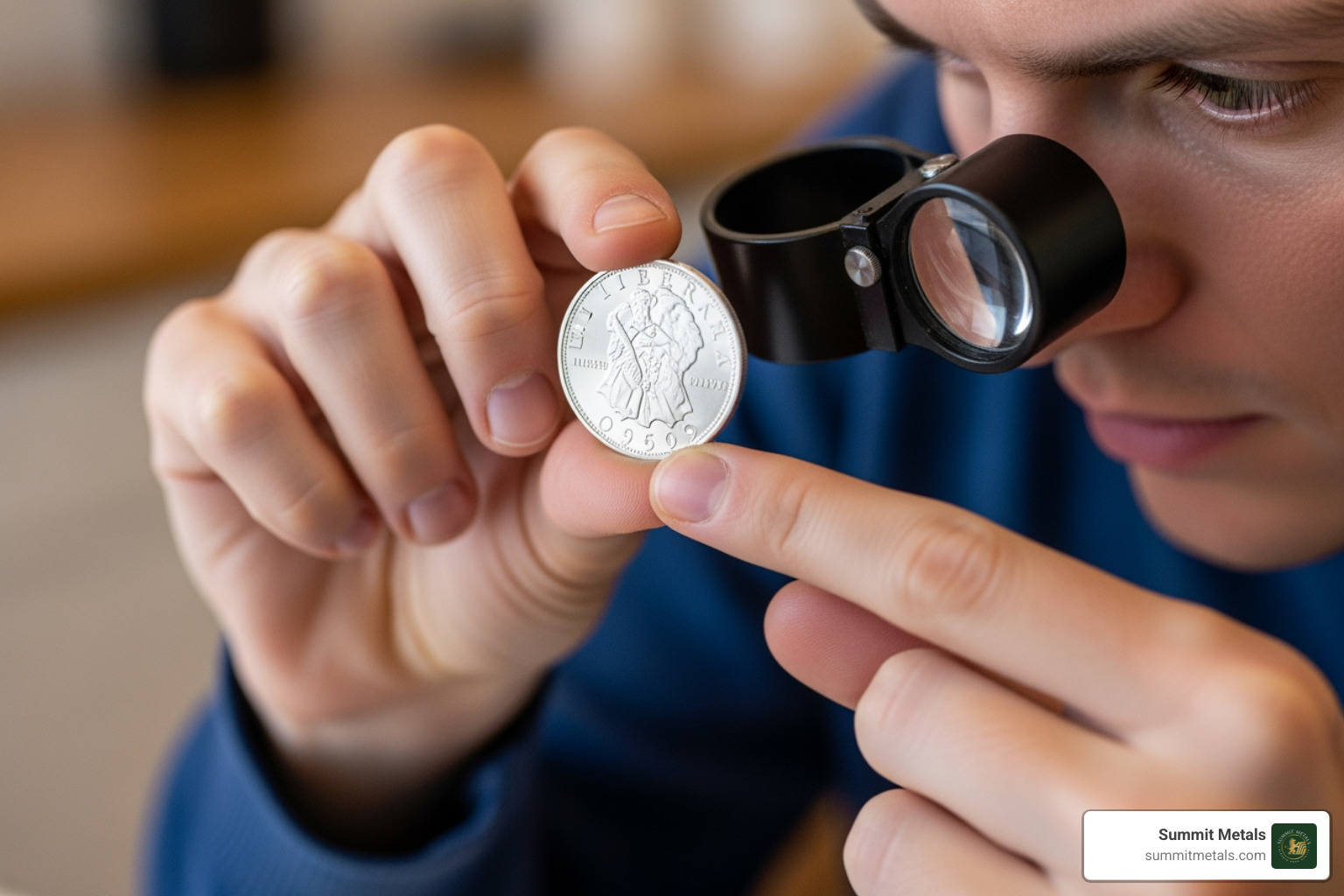 Person examining silver round with loupe - 2026 christmas silver rounds
