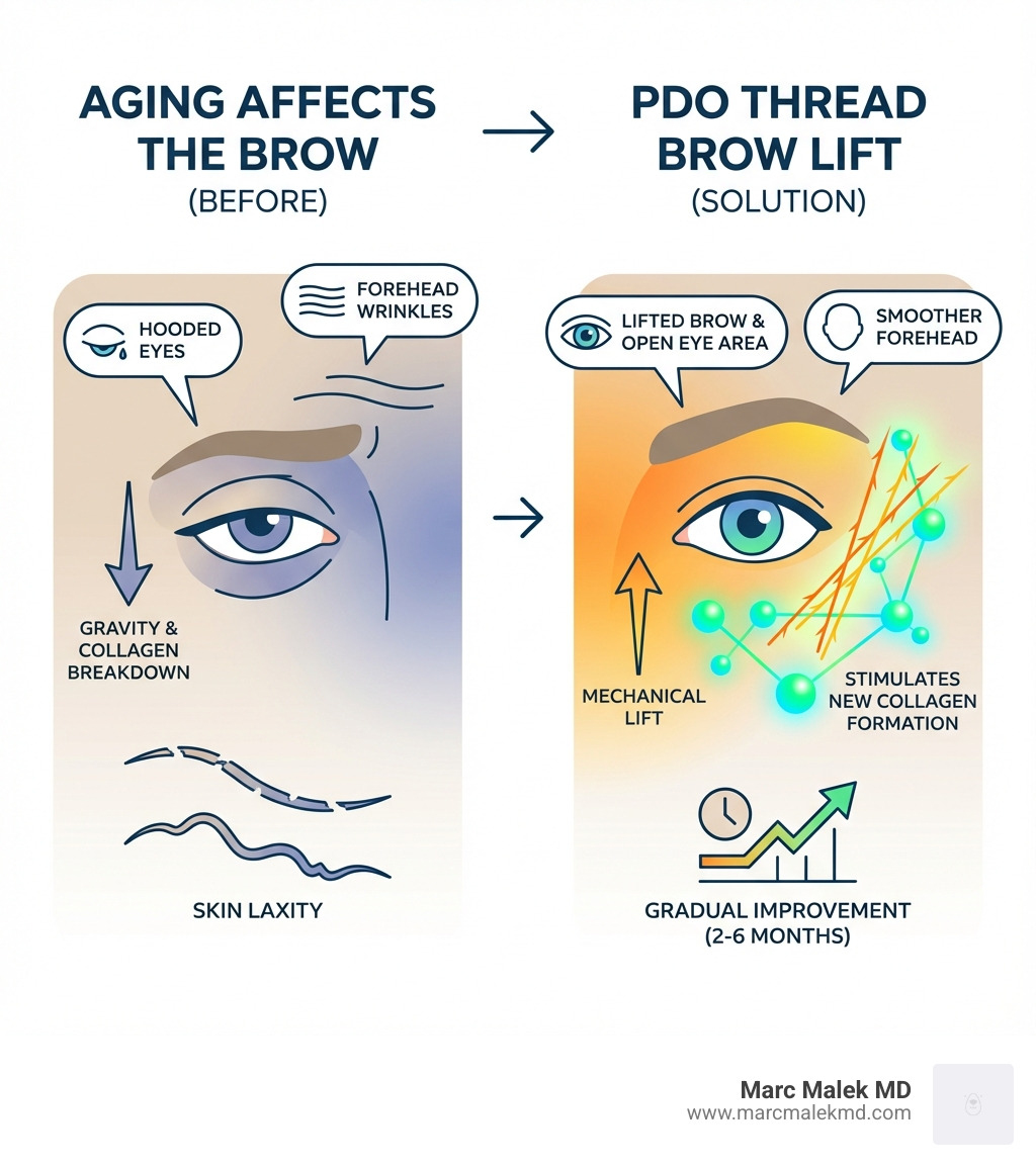 Infographic showing how aging affects the brow area: collagen breakdown leads to skin laxity, gravity pulls brows downward creating hooded eyes and forehead wrinkles, while PDO threads provide mechanical lift and stimulate new collagen formation for gradual improvement over 2-6 months - thread brow lift in scottsdale infographic Infographic showing how aging affects the brow area: collagen breakdown leads to skin laxity, gravity pulls brows downward creating hooded eyes and forehead wrinkles, while PDO threads provide mechanical lift and stimulate new collagen formation for gradual improvement over 2-6 months - thread brow lift in scottsdale infographic