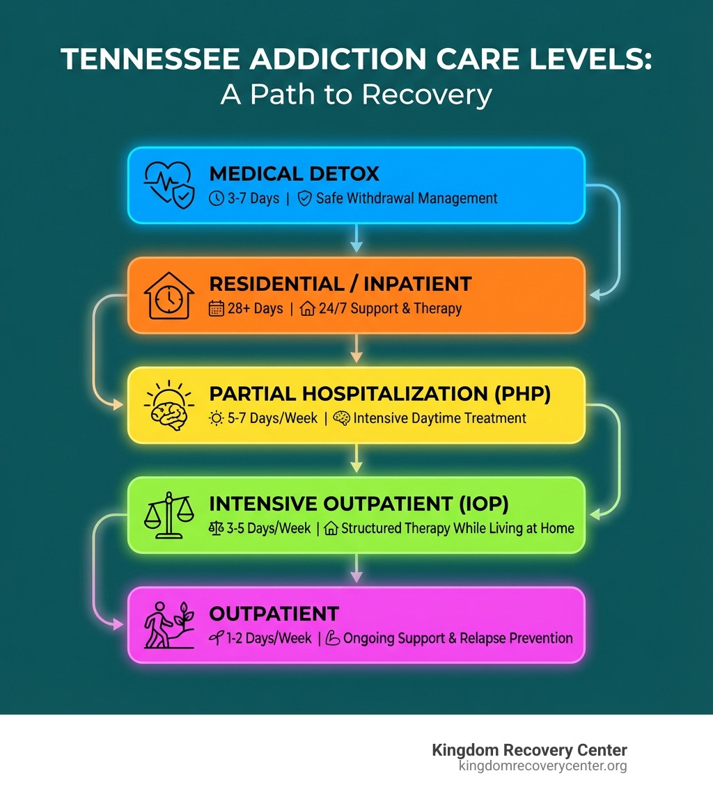 Infographic showing levels of addiction care in Tennessee: Medical Detox (3-7 days, safe withdrawal management), Residential/Inpatient (28+ days, 24/7 support and therapy), Partial Hospitalization Program/PHP (5-7 days/week, intensive daytime treatment), Intensive Outpatient/IOP (3-5 days/week, structured therapy while living at home), Outpatient (1-2 days/week, ongoing support and relapse prevention) - Drug rehab Greene county tn infographic 