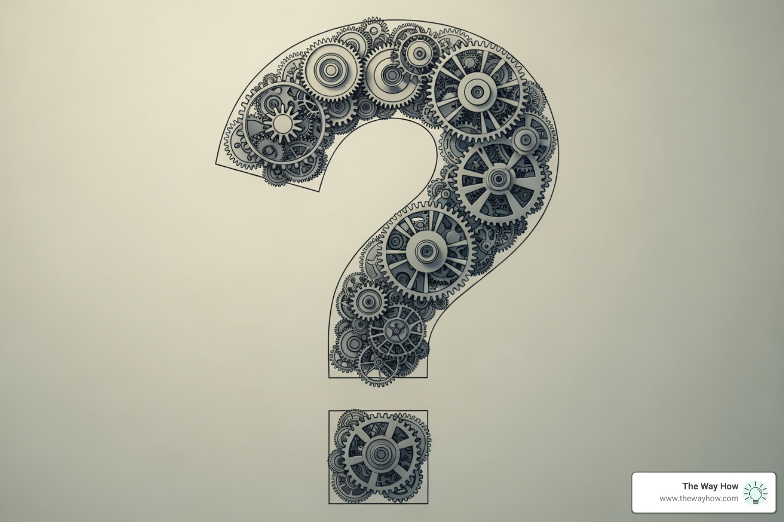 A large, stylized question mark made of interlocking gears; Common uncertainties; Clarifying roles; Measuring success - Fractional CMO alternative