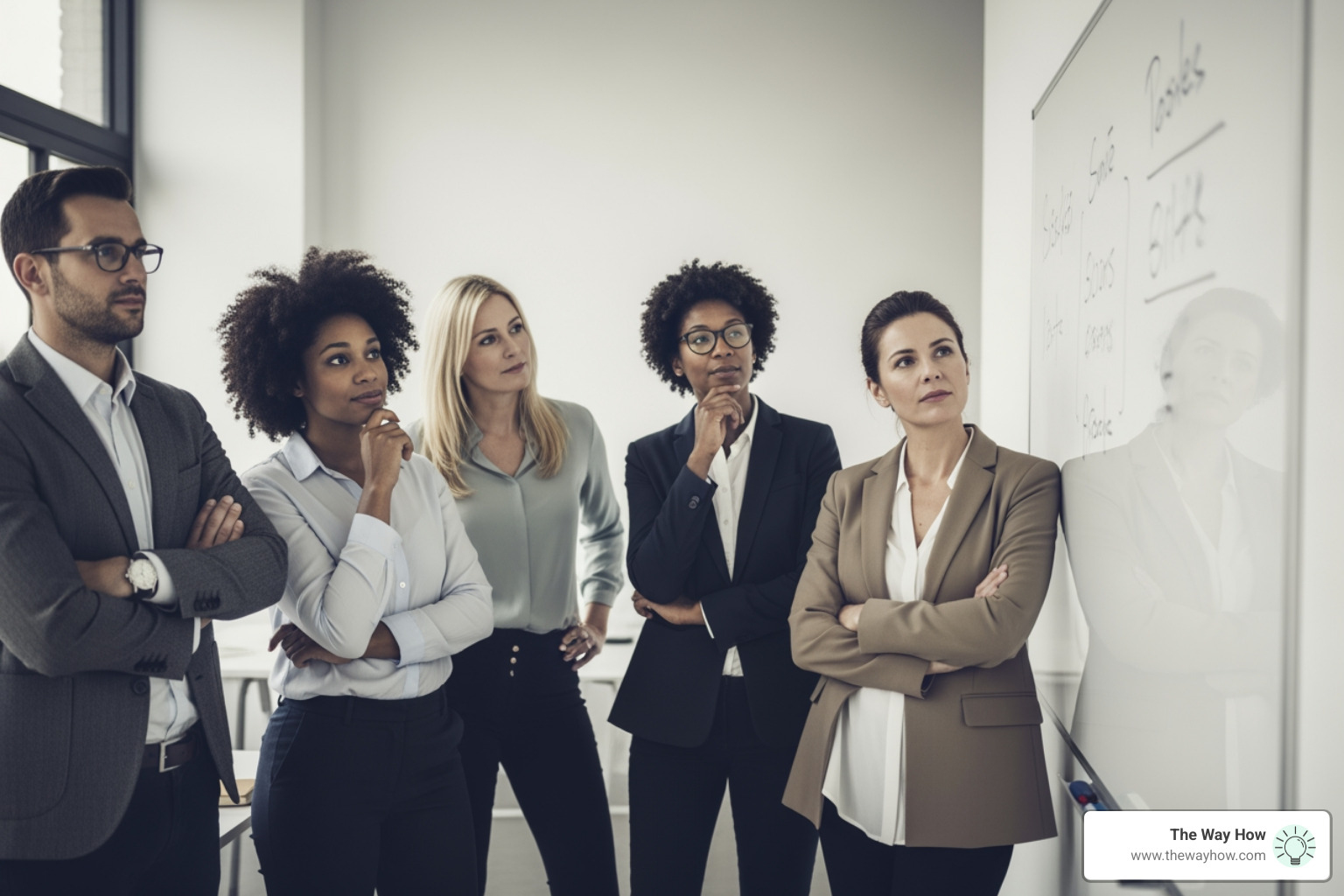 A diverse group of professionals collaborating around a whiteboard, representing different types of expertise; Growth problems; Specific solutions; Company stage; Marketing needs - Fractional CMO alternative