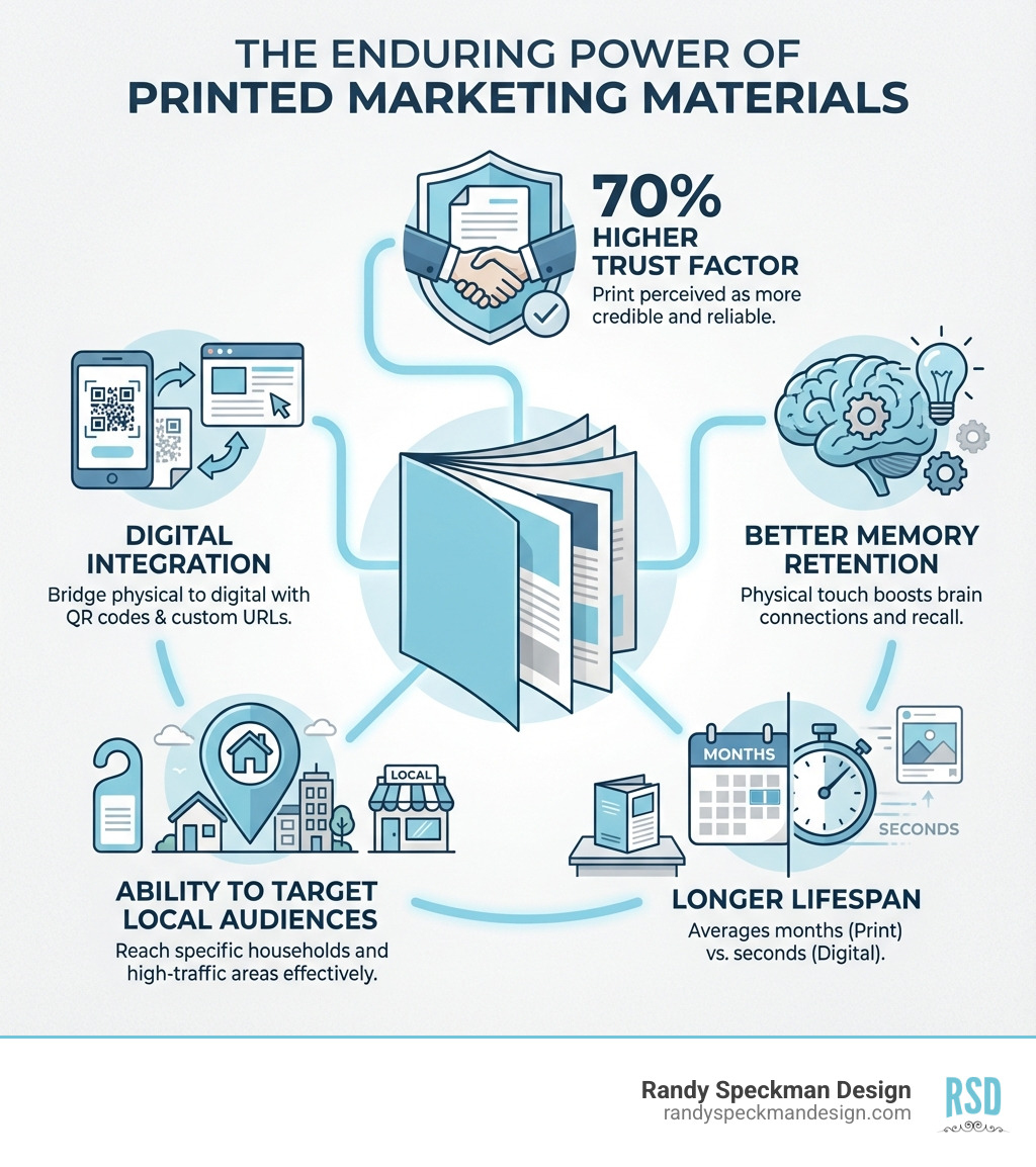 infographic showing key benefits of printed marketing materials including 70% higher trust factor, better memory retention, longer lifespan averaging months vs seconds for digital, ability to target local audiences, and integration with digital through QR codes and custom URLs - Printed Marketing Materials infographic 