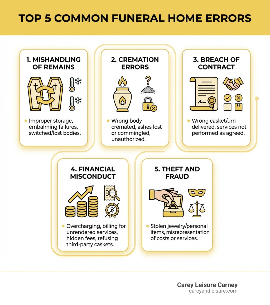 Infographic showing the top 5 most common funeral home errors: 1. Mishandling of remains (improper storage, embalming failures, switched or lost bodies). 2. Cremation errors (wrong body cremated, ashes lost or commingled, unauthorized cremation). 3. Breach of contract (wrong casket or urn delivered, services not performed as agreed). 4. Financial misconduct (overcharging, billing for services not rendered, hidden fees, refusing third-party caskets). 5. Theft and fraud (stolen jewelry or personal items, misrepresentation of costs or services). - reasons to sue a funeral home infographic 