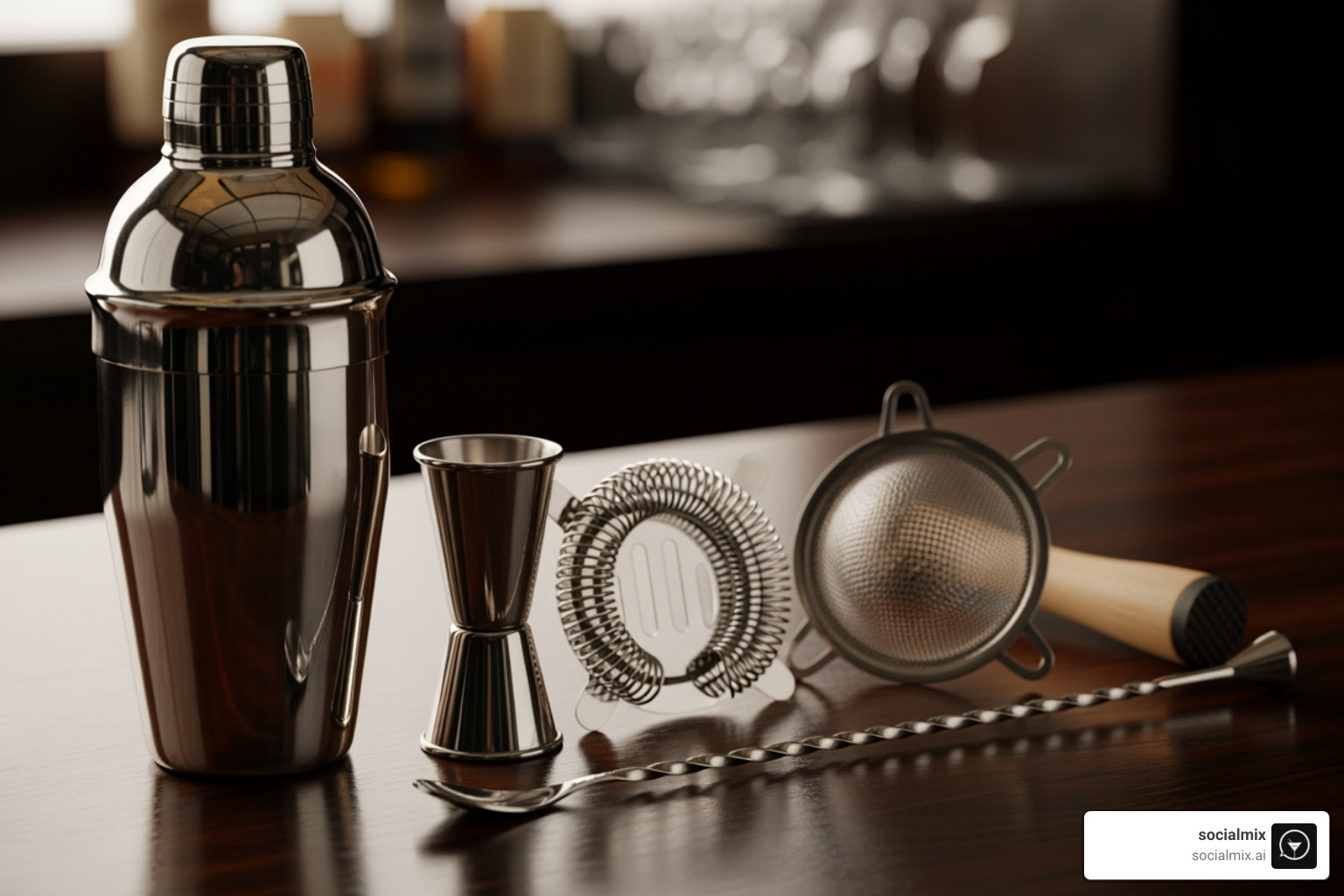 essential bar tools neatly arranged on a dark surface - mixing kit essential bar tools neatly arranged on a dark surface - mixing kit