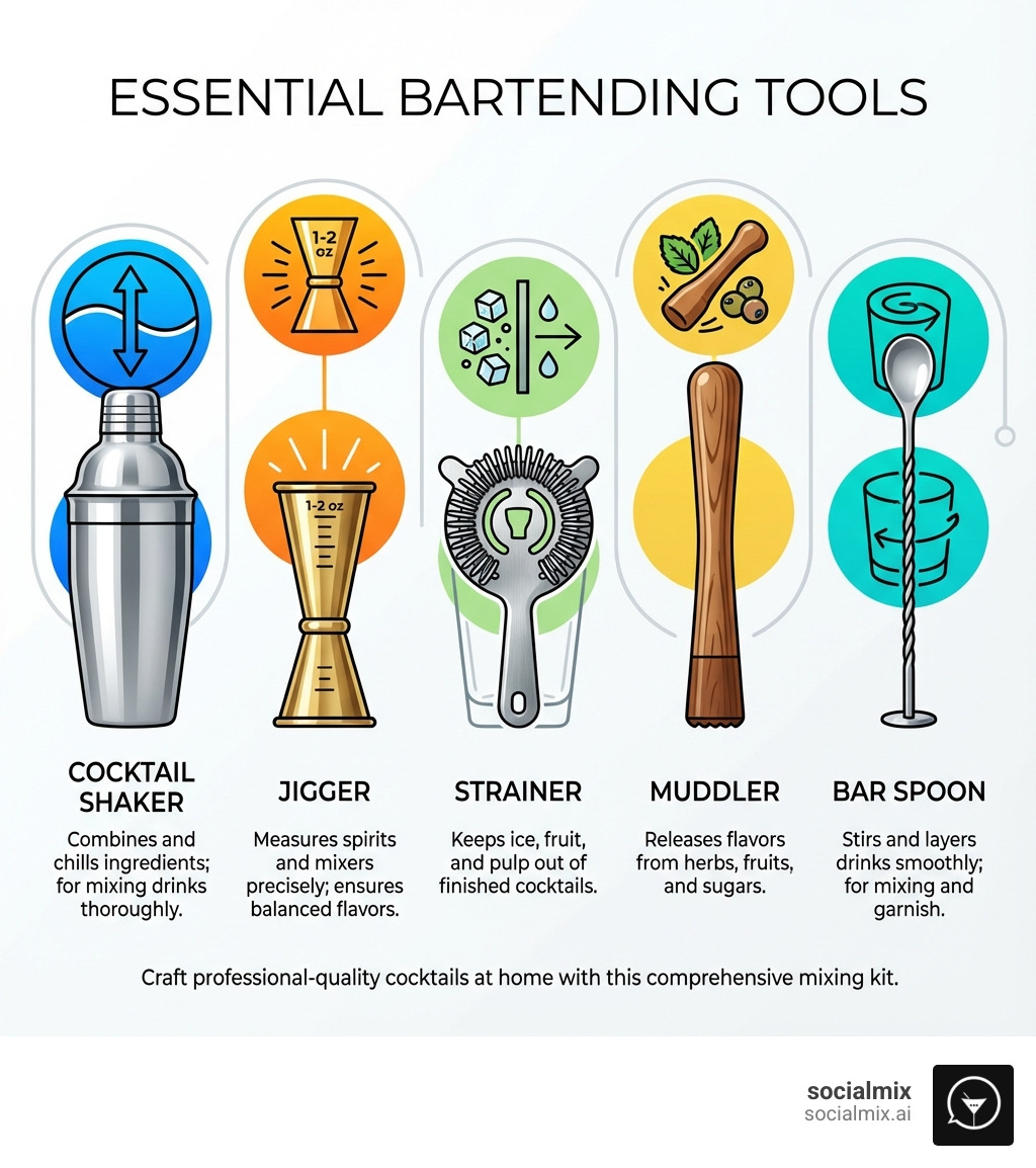 Infographic showing five essential bartending tools: a cocktail shaker for mixing and chilling drinks, a jigger for precise measurement of spirits and mixers, a strainer for keeping ice out of finished cocktails, a muddler for releasing flavors from herbs and fruits, and a bar spoon for stirring and layering drinks - mixing kit infographic Infographic showing five essential bartending tools: a cocktail shaker for mixing and chilling drinks, a jigger for precise measurement of spirits and mixers, a strainer for keeping ice out of finished cocktails, a muddler for releasing flavors from herbs and fruits, and a bar spoon for stirring and layering drinks - mixing kit infographic