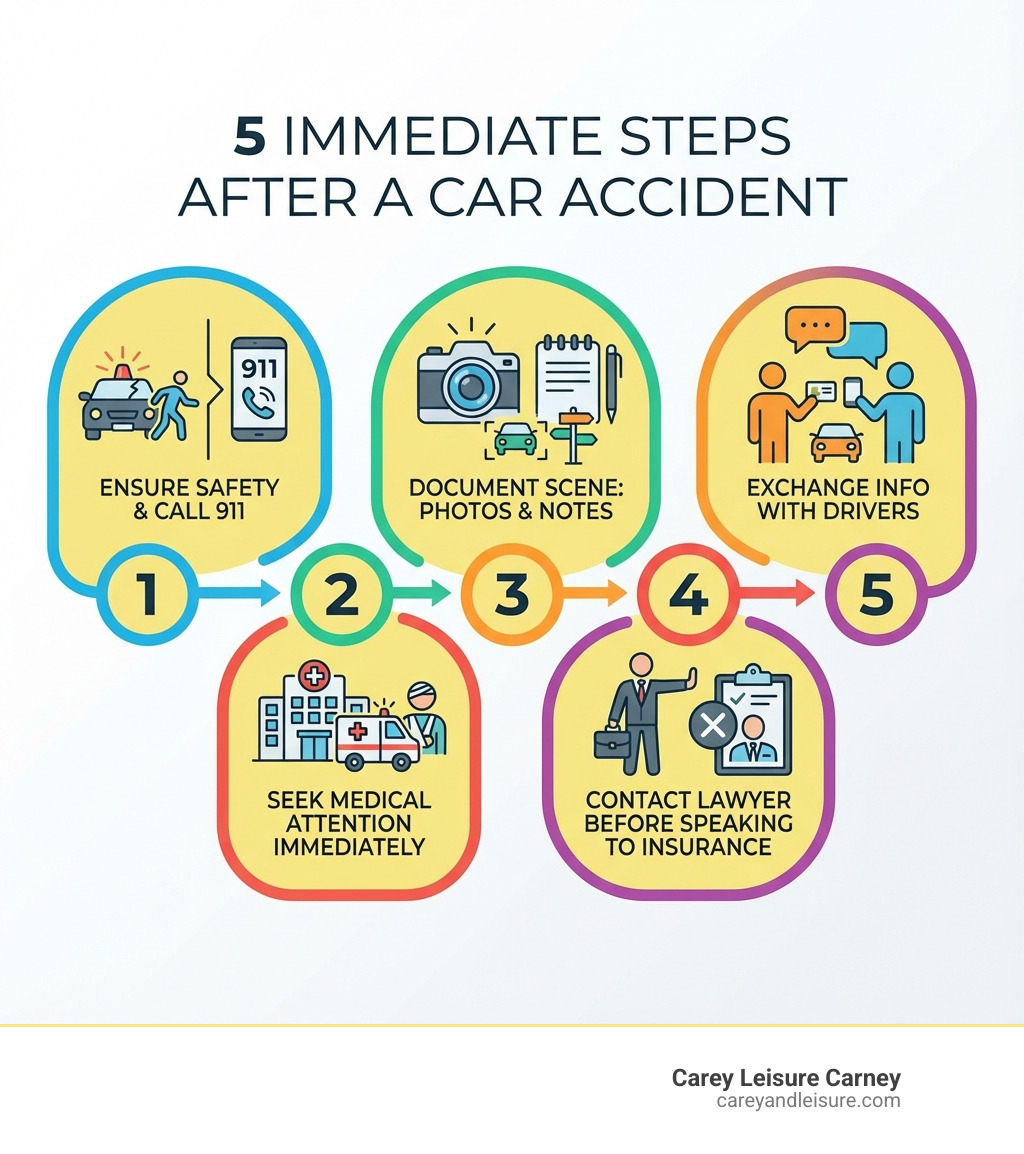infographic showing 5 immediate steps after a car accident: 1. Ensure safety and call 911, 2. Document the scene with photos and notes, 3. Exchange information with other drivers, 4. Seek medical attention immediately, 5. Contact an accident lawsuit lawyer before speaking to insurance adjusters - Accident lawsuit lawyer infographic 