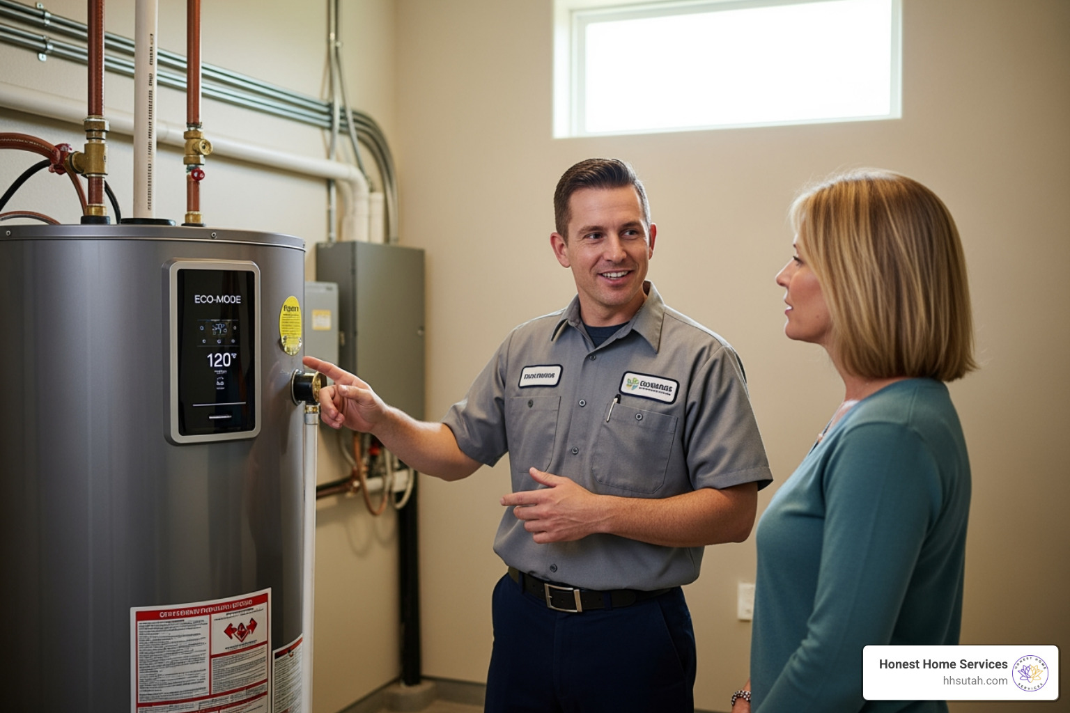 technician showing new energy-efficient water heater to homeowner - hot water repairs near me technician showing new energy-efficient water heater to homeowner - hot water repairs near me