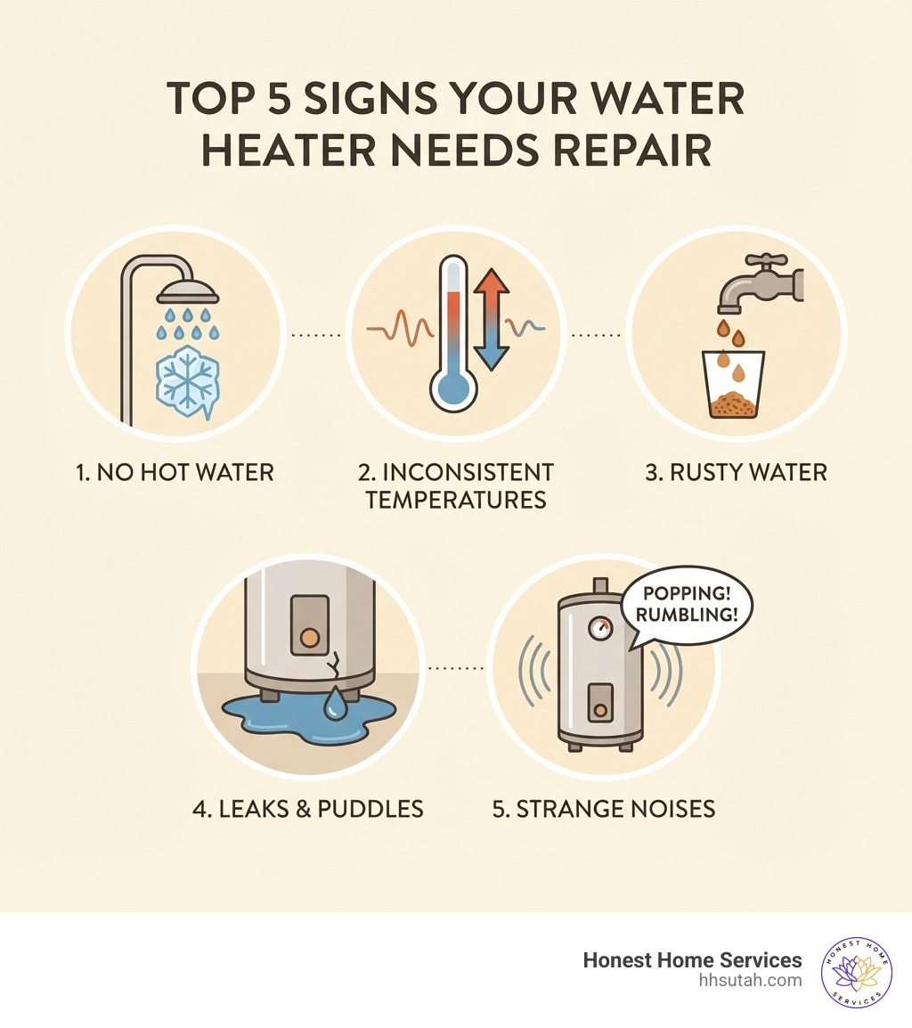 infographic showing top 5 signs your water heater needs repair: no hot water, inconsistent temperatures, rusty water, leaks and puddles, and strange noises like popping or rumbling - hot water repairs near me infographic infographic showing top 5 signs your water heater needs repair: no hot water, inconsistent temperatures, rusty water, leaks and puddles, and strange noises like popping or rumbling - hot water repairs near me infographic