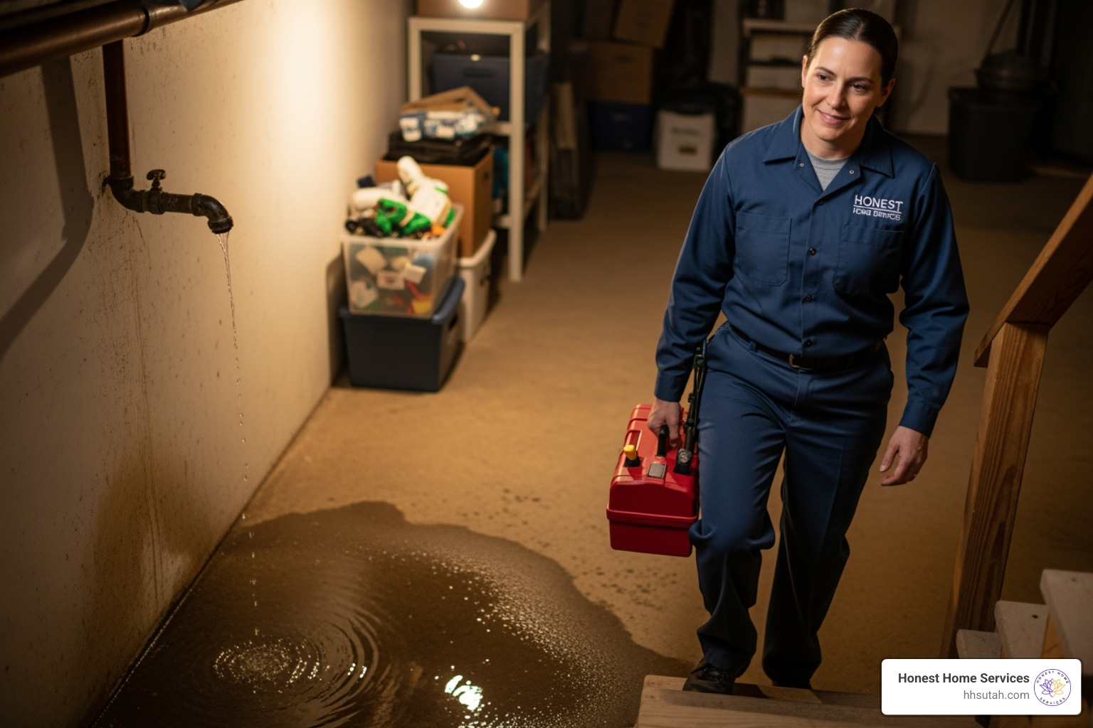 a water leak in a basement with an Honest Home Services plumber arriving - plumbers in salt lake city ut a water leak in a basement with an Honest Home Services plumber arriving - plumbers in salt lake city ut