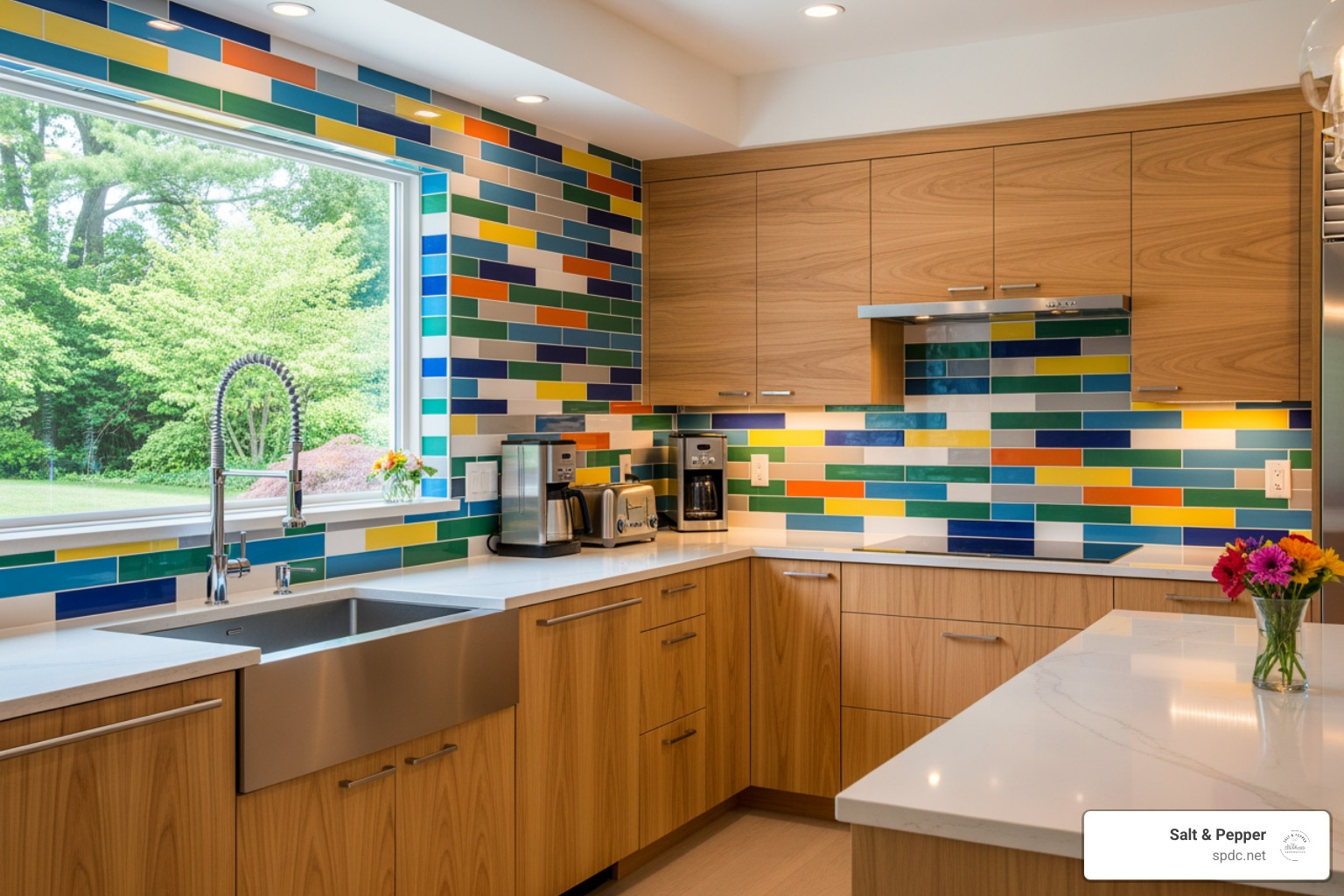 A kitchen with flat-front natural wood cabinetry and a colorful backsplash - 60's kitchen remodel ideas A kitchen with flat-front natural wood cabinetry and a colorful backsplash - 60's kitchen remodel ideas