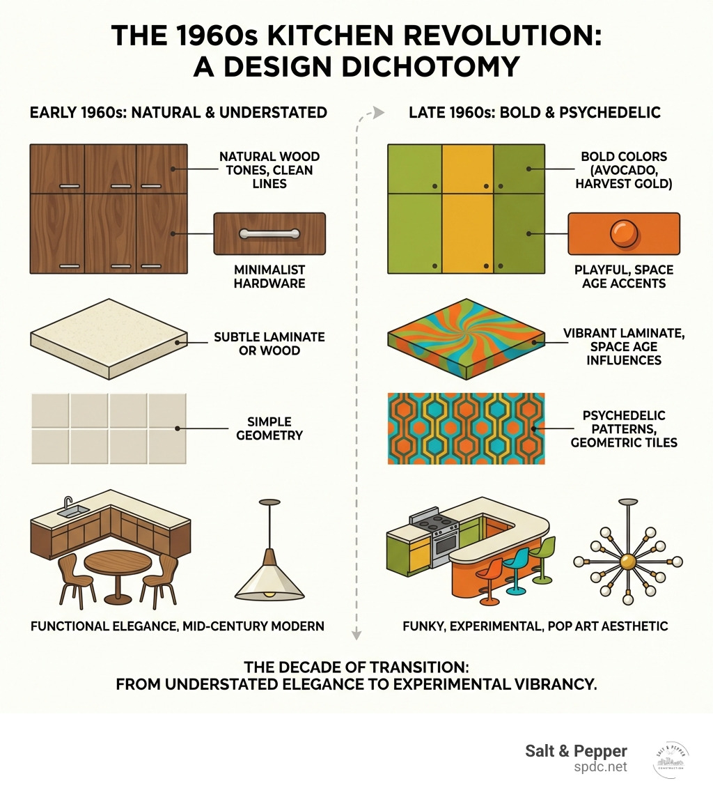 Infographic showing key differences between early 1960s kitchen design featuring natural wood tones, clean lines, and minimalist hardware versus late 1960s kitchen design with bold colors like avocado green and harvest gold, psychedelic patterns, geometric tiles, and Space Age influences - 60's kitchen remodel ideas infographic Infographic showing key differences between early 1960s kitchen design featuring natural wood tones, clean lines, and minimalist hardware versus late 1960s kitchen design with bold colors like avocado green and harvest gold, psychedelic patterns, geometric tiles, and Space Age influences - 60's kitchen remodel ideas infographic