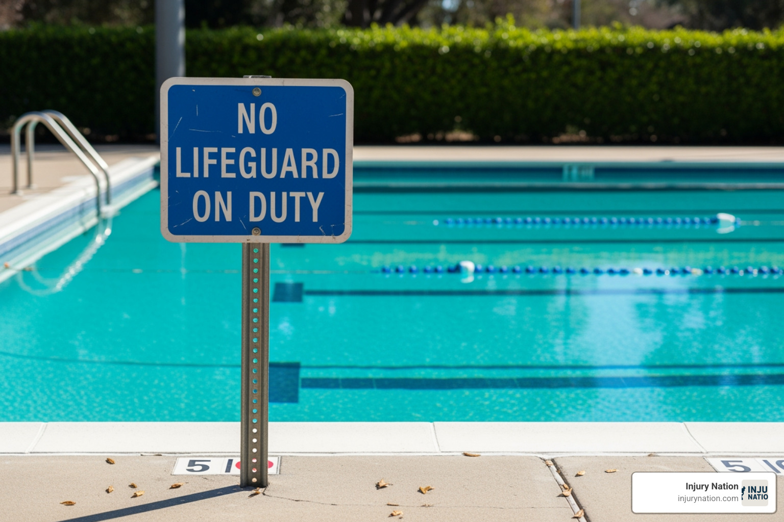 a "No Lifeguard on Duty" sign next to a pool - Drowning accident lawsuit