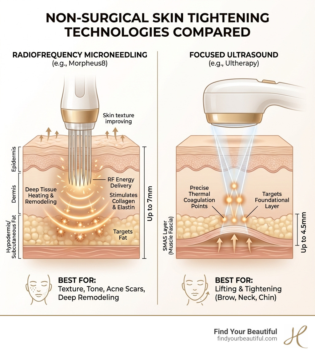 infographic comparing radiofrequency microneedling with tiny needles delivering RF energy deep into skin layers versus focused ultrasound waves targeting the SMAS layer beneath the skin surface without puncturing it - morpheus8 vs ultherapy infographic 