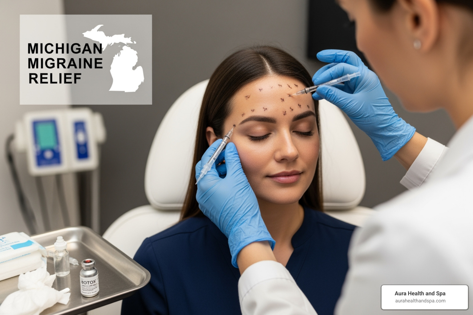 Medically accurate diagram showing facial muscles and typical cosmetic injection points (forehead, glabella, crow’s feet), with correct anatomical placement. - Botox for migraines Michigan