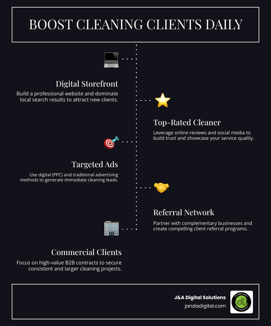 infographic showing 7 ways to find cleaning clients: 1. Master your digital storefront with website and SEO, 2. Get top-rated with reviews and social proof, 3. Launch targeted ads both digital and traditional, 4. Build a local referral network, 5. Specialize in commercial contracts, 6. Wow existing customers into raving fans, 7. Market consistently even when busy - cleaning business clients infographic infographic-line-5-steps-dark
