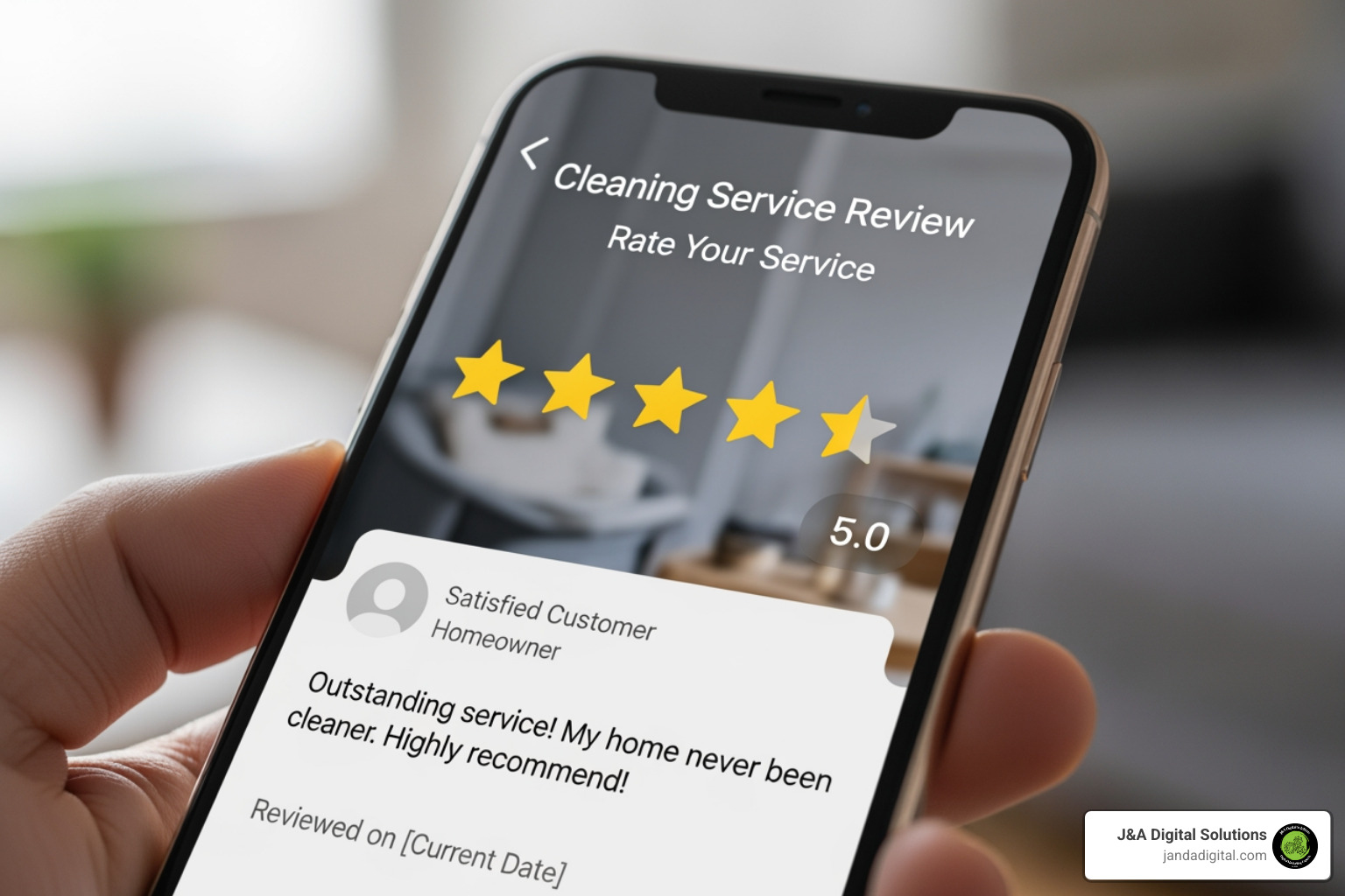 5-star review for a cleaning service on a phone screen - cleaning business clients