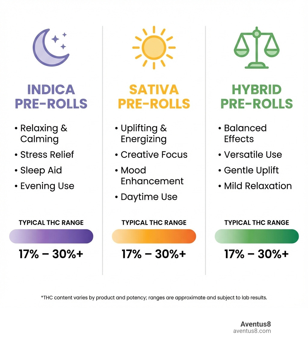 Infographic showing three columns: Indica pre-rolls with moon icon and relaxation effects listed, Sativa pre-rolls with sun icon and energizing effects listed, and Hybrid pre-rolls with balanced scale icon and versatile effects listed, plus THC percentage ranges for each type - best thc pre rolls online infographic 