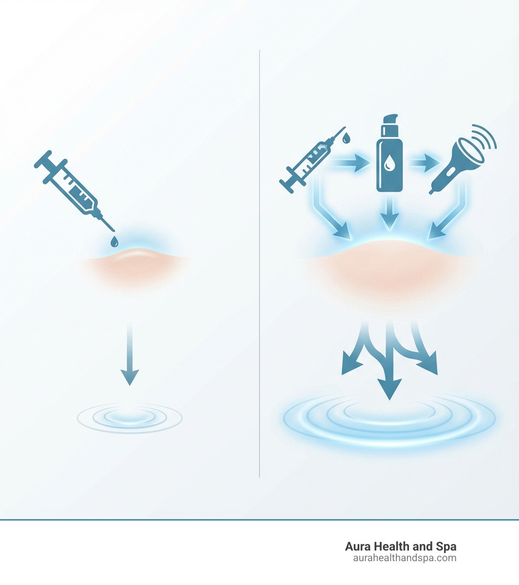 Infographic comparing Aura’s comprehensive approach (neurotoxin + skincare + advanced treatments) to basic standalone injections. - Botox for migraines Michigan infographic 
