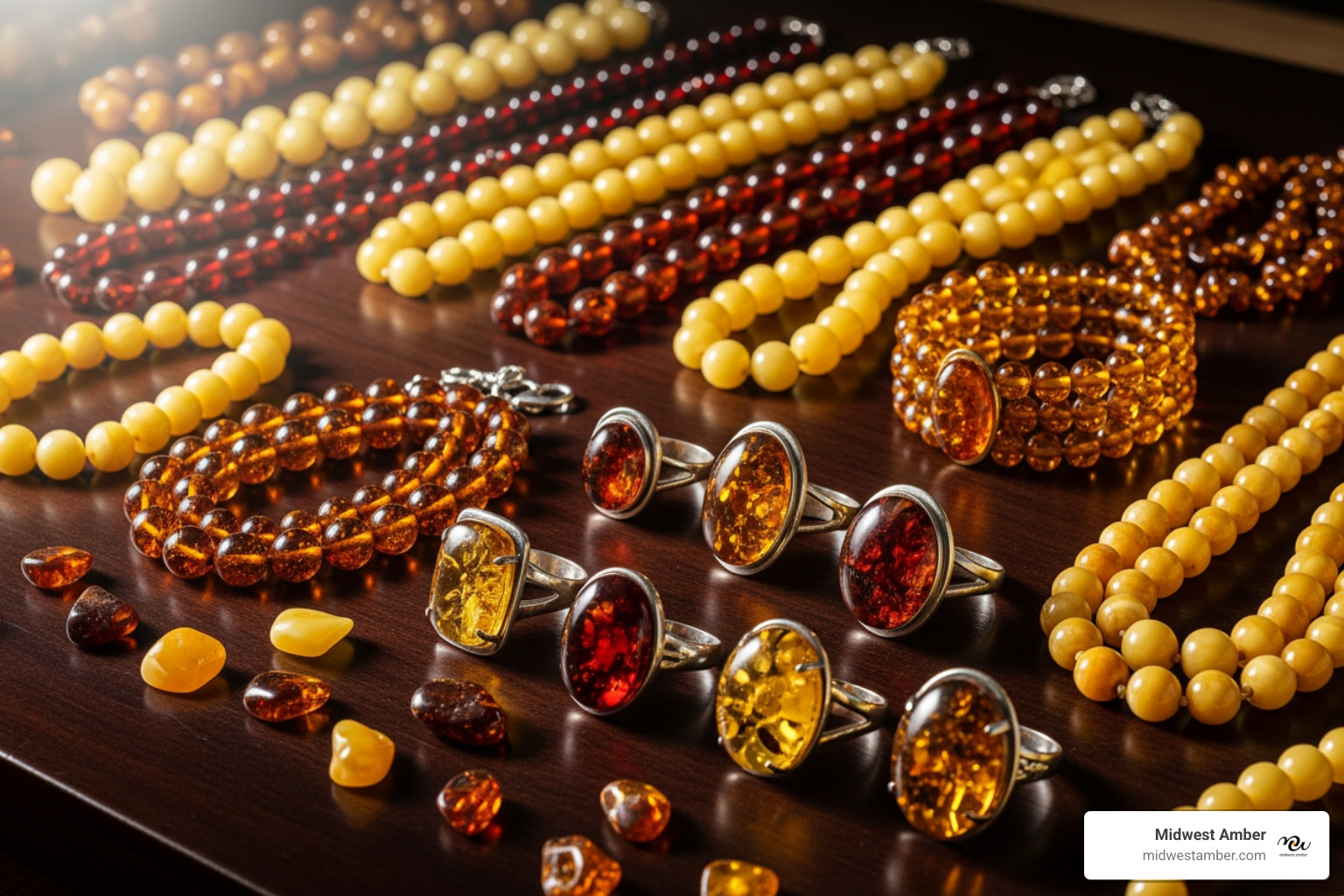 Diverse collection of amber jewelry including necklaces, bracelets, and rings - Amber jewelry Lithuania