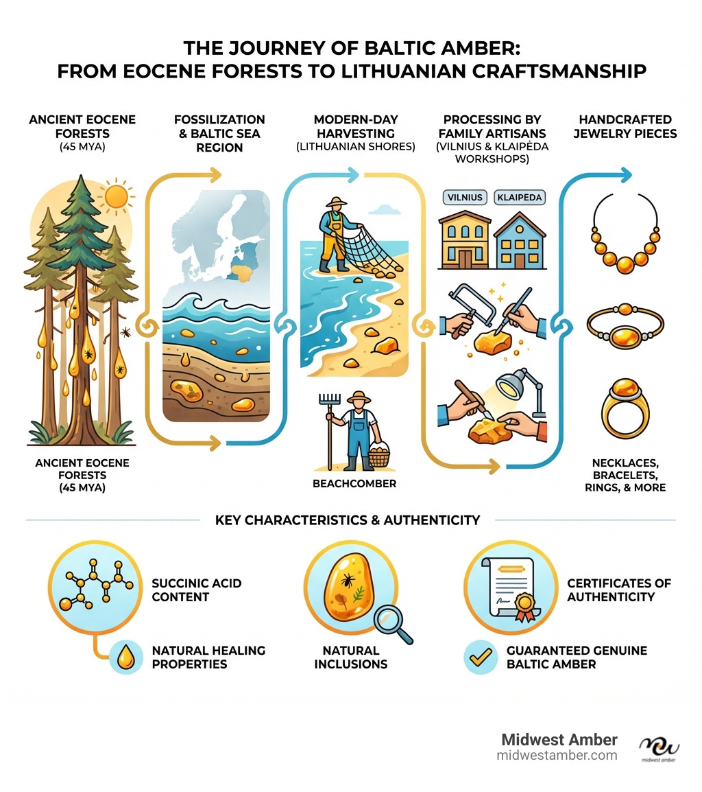 Infographic showing the journey of Baltic amber from ancient Eocene forests 45 million years ago through fossilization in the Baltic Sea region, to modern-day harvesting along Lithuanian shores, processing by family artisans in workshops in Vilnius and Klaipėda, and finally transformed into handcrafted jewelry pieces including necklaces, bracelets, and rings, with icons showing key characteristics like succinic acid content, natural inclusions, and certificates of authenticity - Amber jewelry Lithuania infographic 
