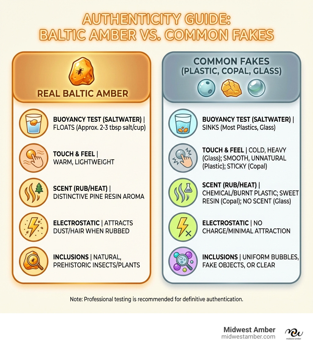 Table comparing the characteristics and test results of real Baltic amber versus common fakes (plastic, copal, glass) - Amber jewelry Lithuania infographic 