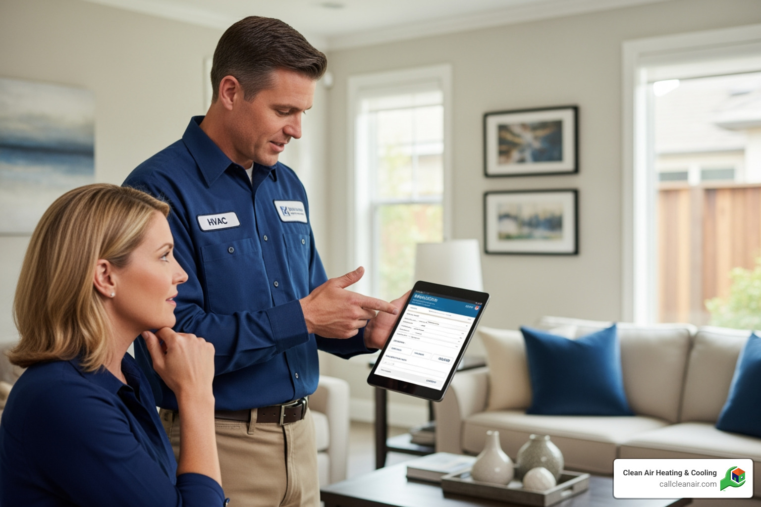 HVAC technician showing a homeowner a quote on a tablet - New HVAC system
