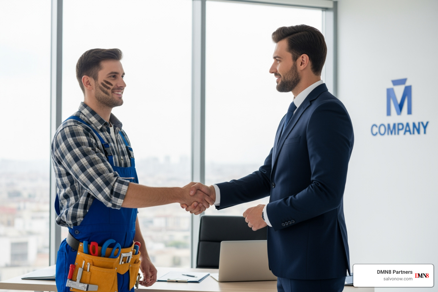 plumber shaking hands with marketing expert - Plumbing marketing agency