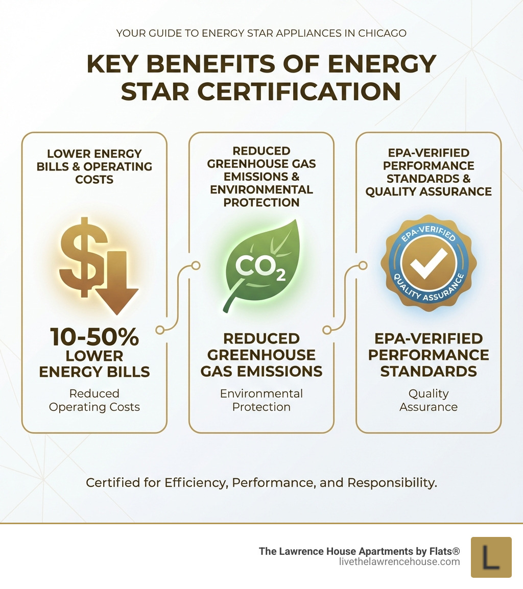 Infographic showing three key benefits of ENERGY STAR certification: a green leaf with CO2 symbol showing reduced greenhouse gas emissions and environmental protection, and a checkmark badge indicating EPA-verified performance standards and quality assurance - energy star appliances chicago infographic Infographic showing three key benefits of ENERGY STAR certification: a green leaf with CO2 symbol showing reduced greenhouse gas emissions and environmental protection, and a checkmark badge indicating EPA-verified performance standards and quality assurance - energy star appliances chicago infographic