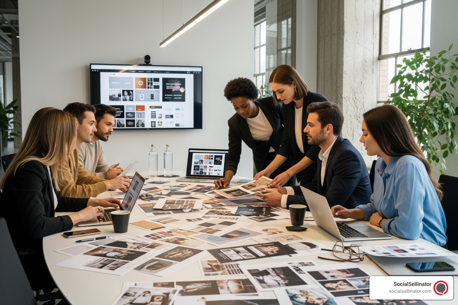 A team of designers and strategists collaborating around a table, reviewing mood boards and digital mockups for a new brand identity project - branding and identity services
