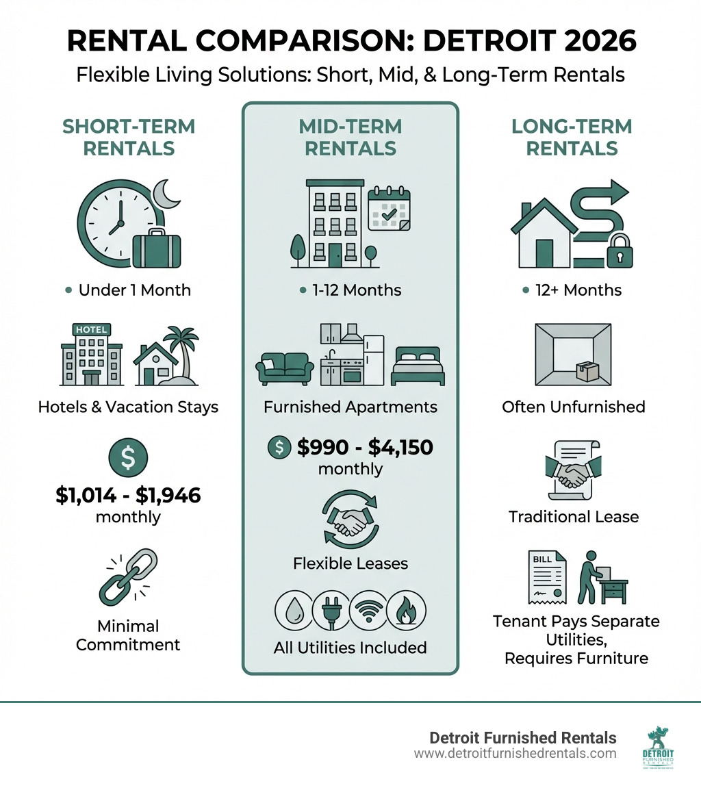infographic showing three columns comparing short-term rentals (under 1 month, hotels and vacation stays, $1,014-$1,946 monthly, minimal commitment), mid-term rentals (1-12 months, furnished apartments, $990-$4,150 monthly, flexible leases, all utilities included), and long-term rentals (12+ months, often unfurnished, traditional lease, tenant pays separate utilities, requires furniture) - mid term rentals detroit infographic 