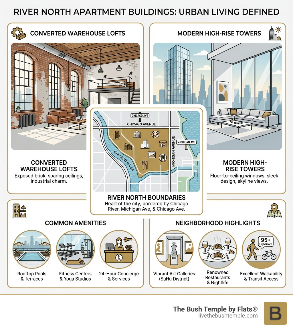 Infographic showing River North apartment building features: Top left - converted warehouse lofts with exposed brick and high ceilings; Top right - modern high-rise towers with floor-to-ceiling windows; Center - map showing River North boundaries between Chicago River, Michigan Avenue, and Chicago Avenue; Bottom left - common amenities including rooftop pools, fitness centers, and concierge services; Bottom right - neighborhood highlights including art galleries, restaurants, and walkability score - River North apartment buildings infographic Infographic showing River North apartment building features: Top left - converted warehouse lofts with exposed brick and high ceilings; Top right - modern high-rise towers with floor-to-ceiling windows; Center - map showing River North boundaries between Chicago River, Michigan Avenue, and Chicago Avenue; Bottom left - common amenities including rooftop pools, fitness centers, and concierge services; Bottom right - neighborhood highlights including art galleries, restaurants, and walkability score - River North apartment buildings infographic