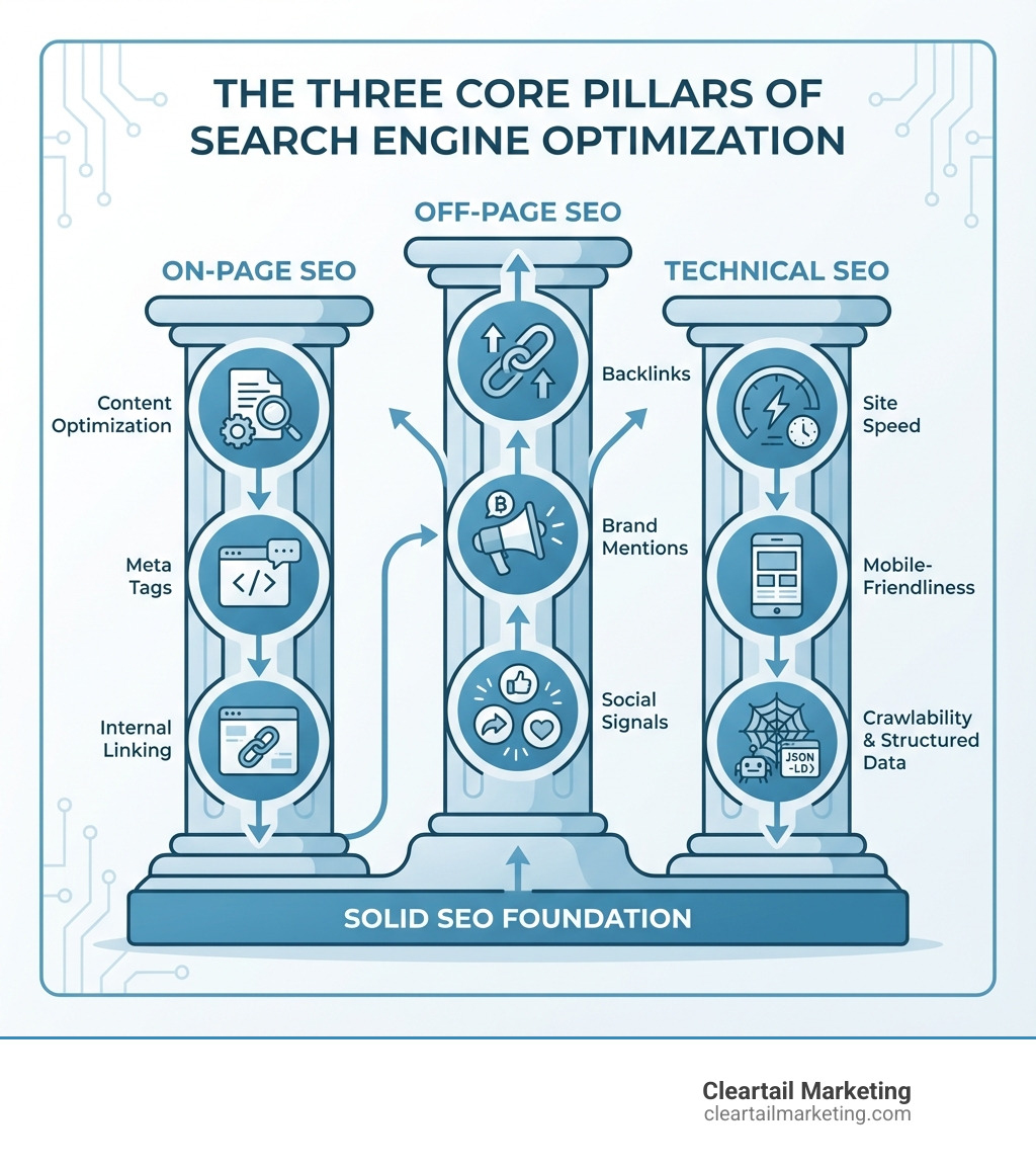 Infographic showing the three core pillars of Search Engine Optimization: On-Page SEO including content optimization, meta tags, and internal linking; Off-Page SEO including backlinks, brand mentions, and social signals; and Technical SEO including site speed, mobile-friendliness, crawlability, and structured data - Search Engine Optimization Agency infographic 