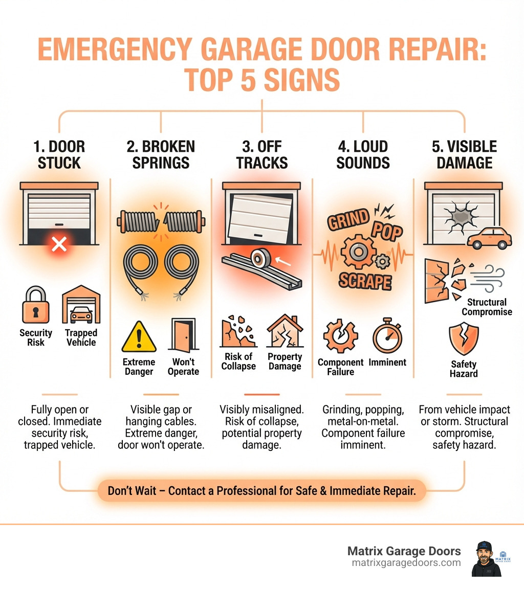Infographic showing the top 5 signs you need emergency garage door repair: 1. Door stuck fully open or closed (security risk, trapped vehicle). 2. Broken springs with visible gap or hanging cables (extreme danger, door won't operate). 3. Door off its tracks or visibly misaligned (risk of collapse, property damage). 4. Loud grinding, popping, or metal-on-metal scraping sounds (component failure imminent). 5. Visible damage from vehicle impact or storm (structural compromise, safety hazard). - 24 hour emergency garage door repair infographic 